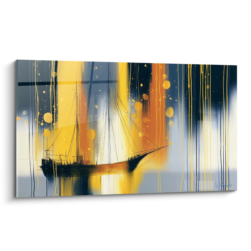 Tableau Voilier noir jaune et orange aux coulures verticales - Gréement filiforme silhouette - Edition Bateau abstrait