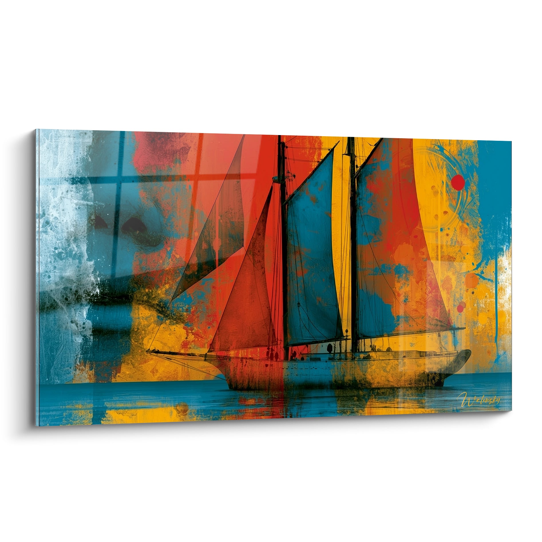 Voilier aux voiles rouge brique et bleu pétrole traversant une mer dorée, composition graphique abstraite