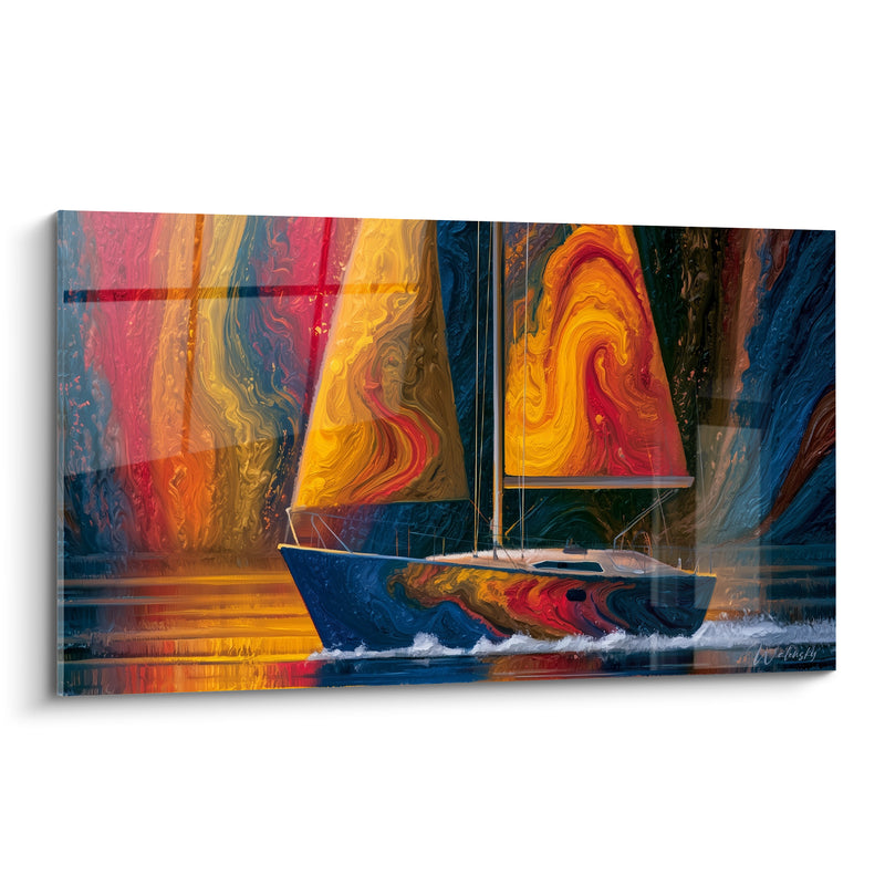 Tableau Voilier aux voiles orange et bleu marbrées - Élan vers le large - Edition Bateau abstrait