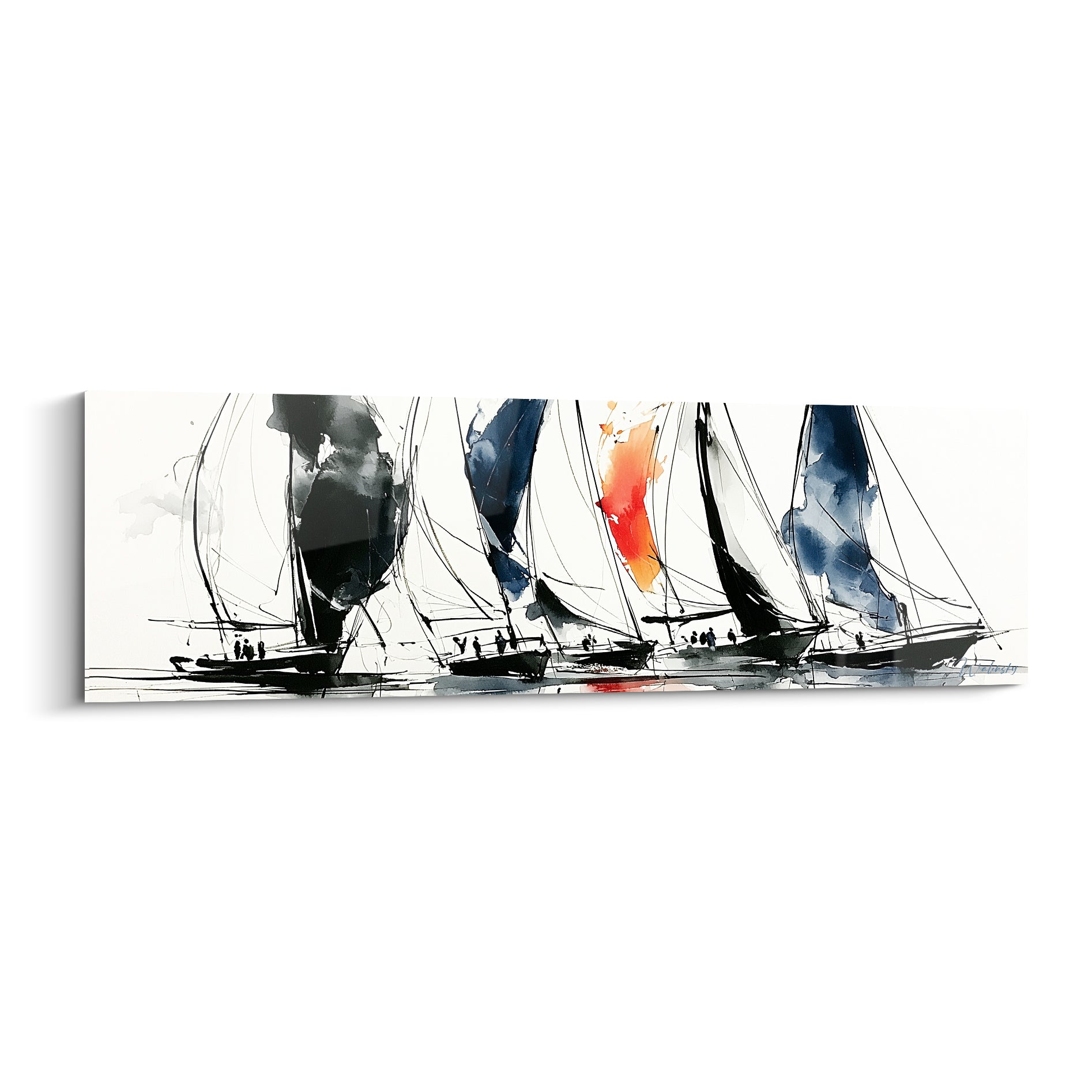 Voiliers en encre noire et bleu marine, une voile orange vive traverse la composition graphique