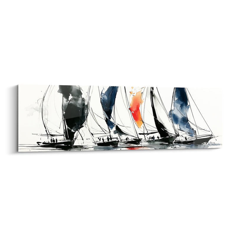 Tableau Voiliers noirs aux voiles bleu marine et orange - Envol marin - Edition Bateau abstrait