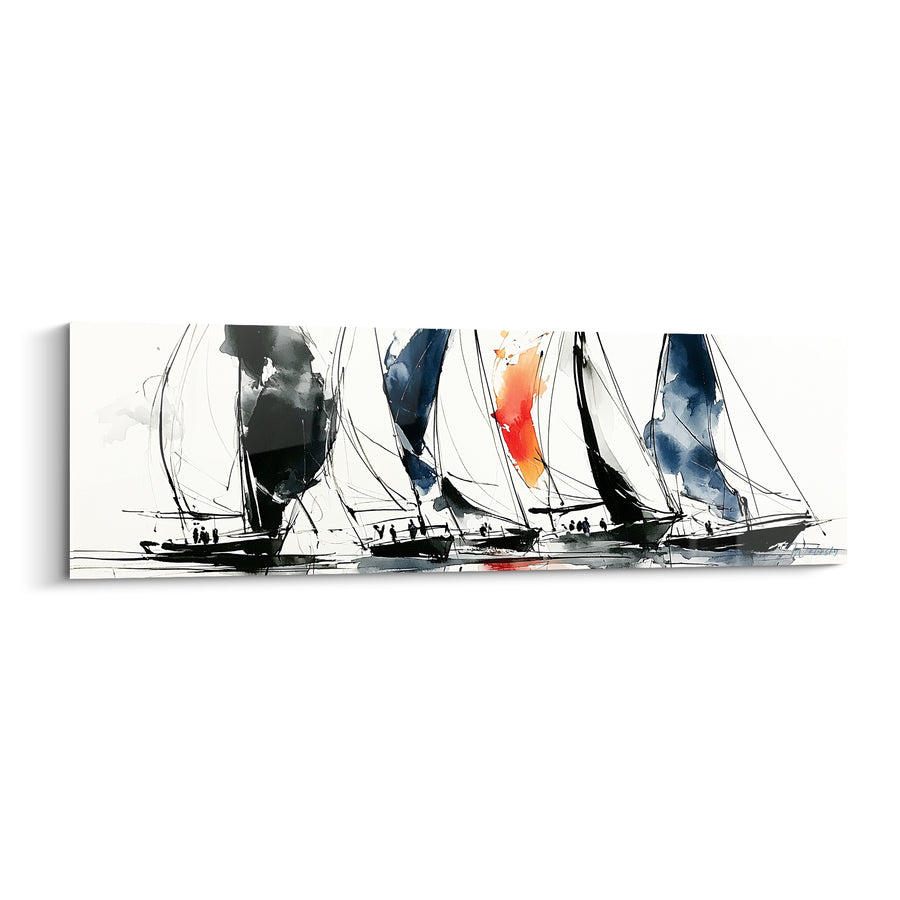 Leinwand Schwarze Segelboote mit Marineblau- und Orangesegeln – Mariner Flug – Abstrakte Bootsedition