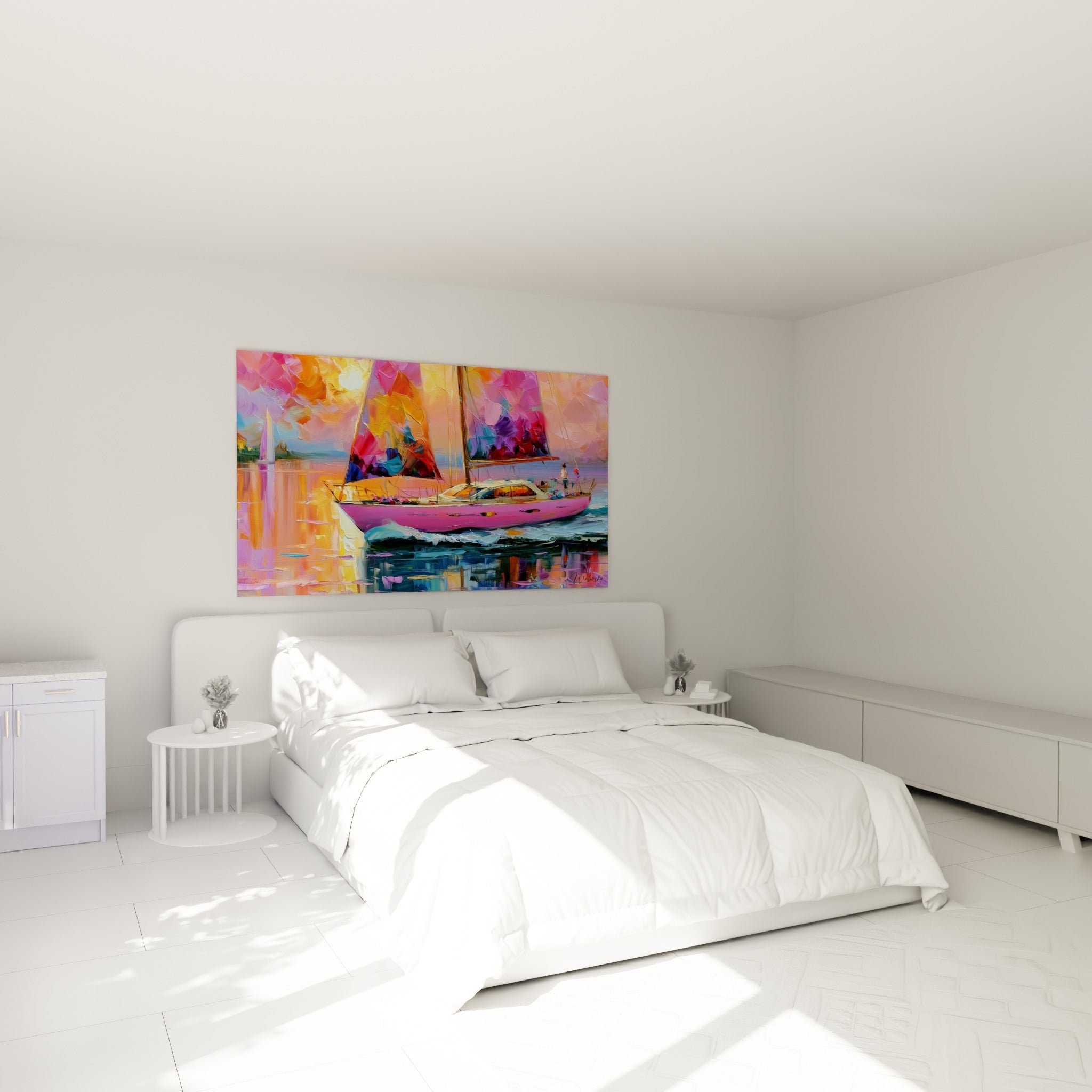 Bateau abstrait rose et doré au-dessus d'un lit dans une chambre claire