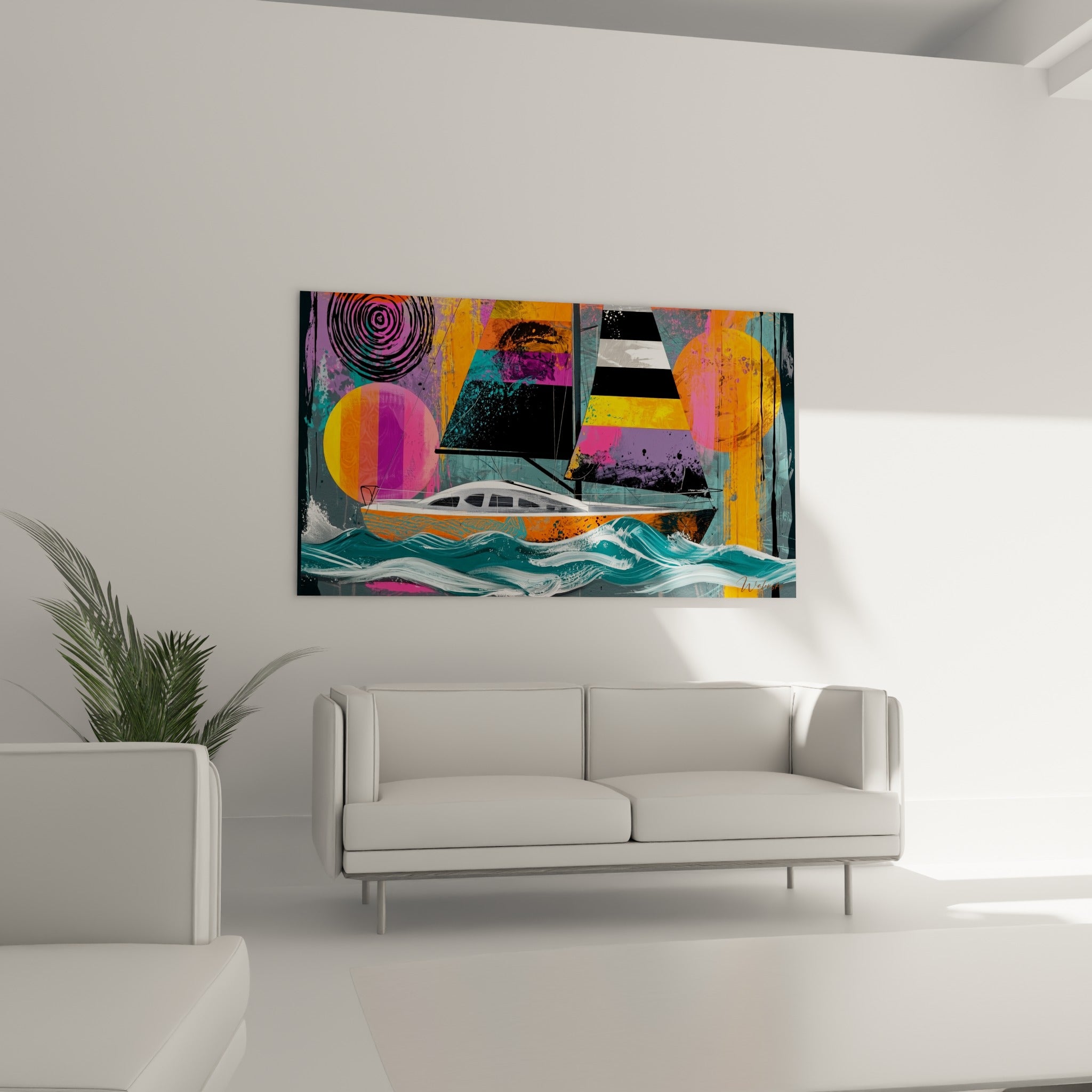 Voilier coloré aux teintes orange et violette, suspendu au-dessus d'un canapé dans un salon lumineux
