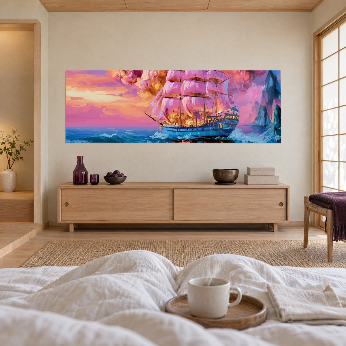 Quadro di una grande nave a vela con vele rosa sotto un cielo arancio, mare turchese, scafo blu, sopra un letto in una camera luminosa