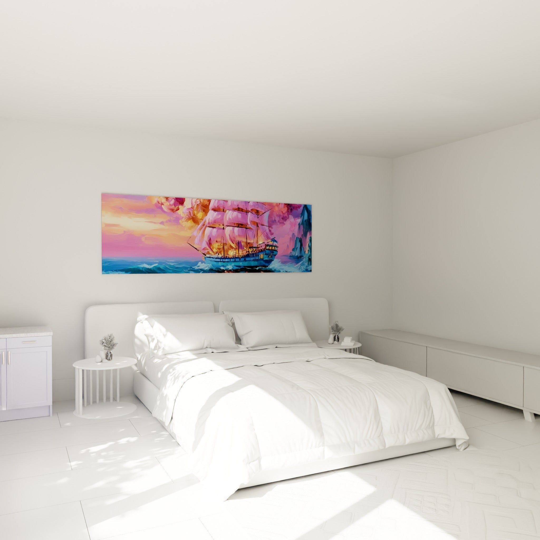 Navire à voiles roses fendant les vagues turquoise, au-dessus d'un lit dans une chambre claire