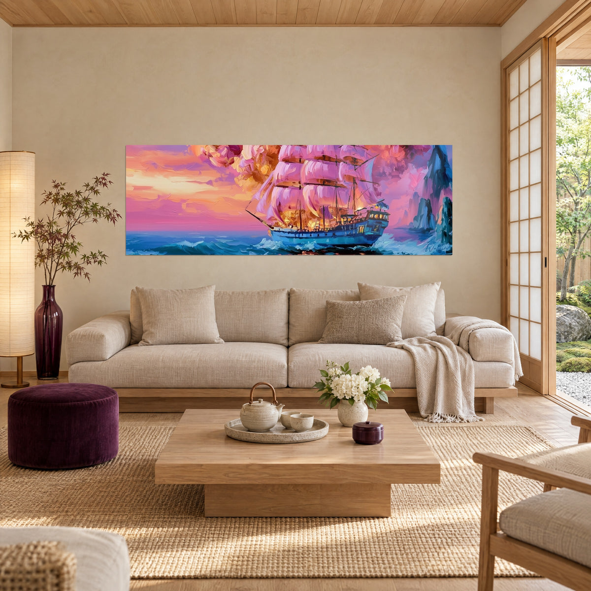 Quadro di un tre alberi con vele rosa gonfie, mare turchese e cielo arancio, sopra un divano in un soggiorno luminoso