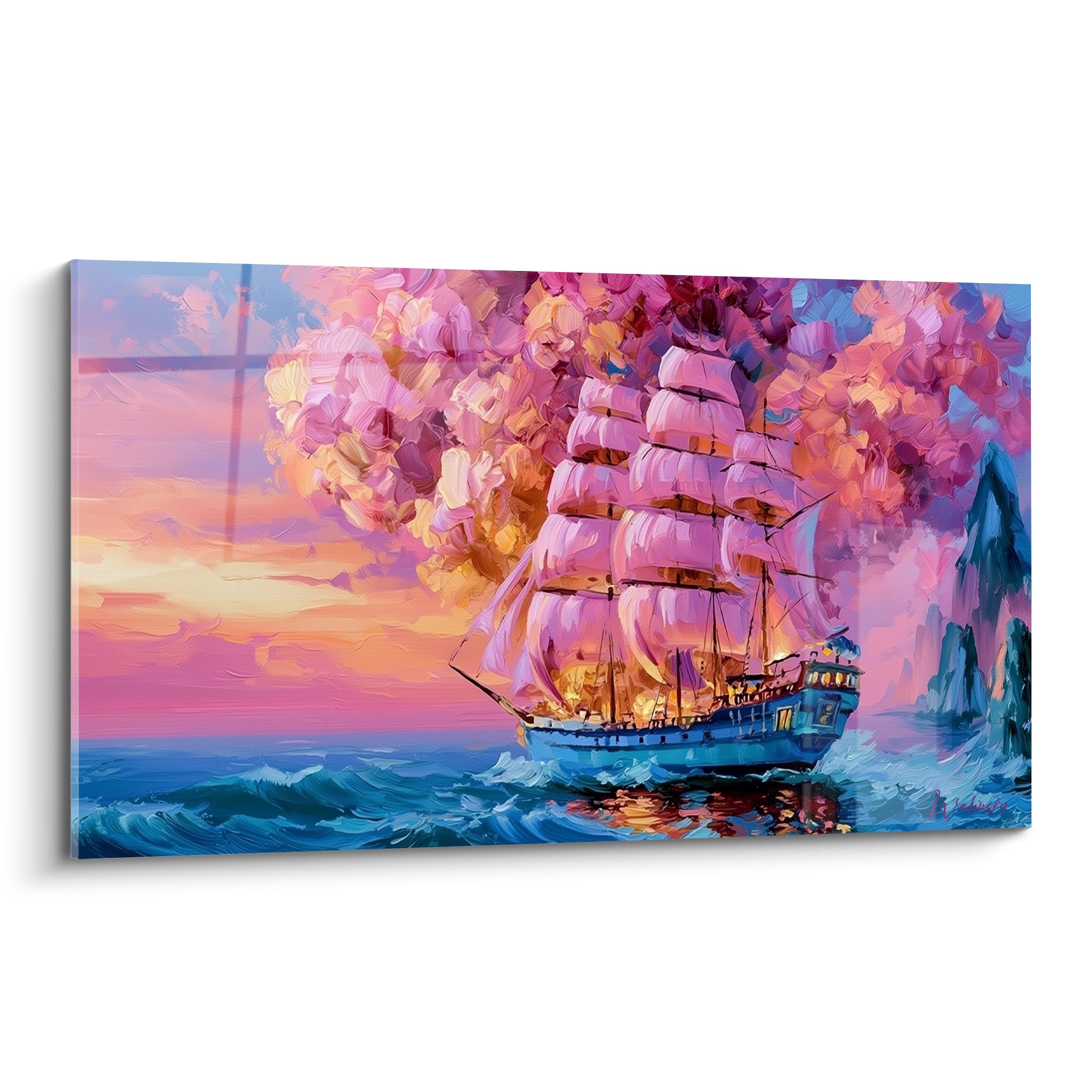 Voilier bleu marine aux voiles rose et ocre embrasées par un coucher de soleil peint en empâtements