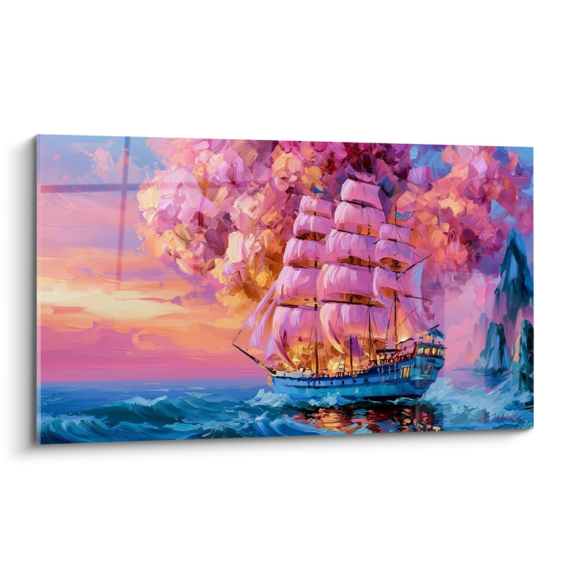Tableau Trois mâts bleu et rose aux voiles gonflées - Falaises turquoise lointaines - Edition Bateau abstrait