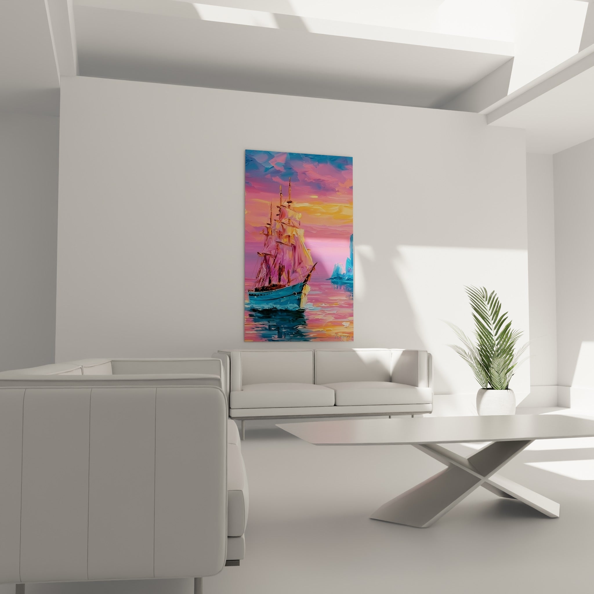 Bateau à voiles roses et coque turquoise glissant sur une mer rose, au-dessus d'un canapé dans un salon lumineux