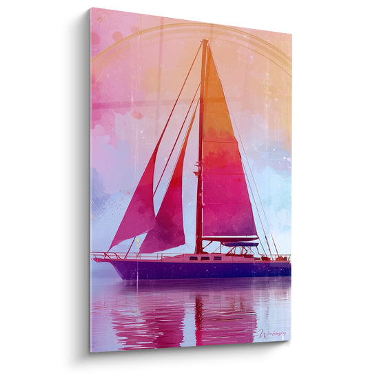 Tableau Voilier rose et violet sous arc doré - Mât aux haubans croisés - Edition Bateau abstrait