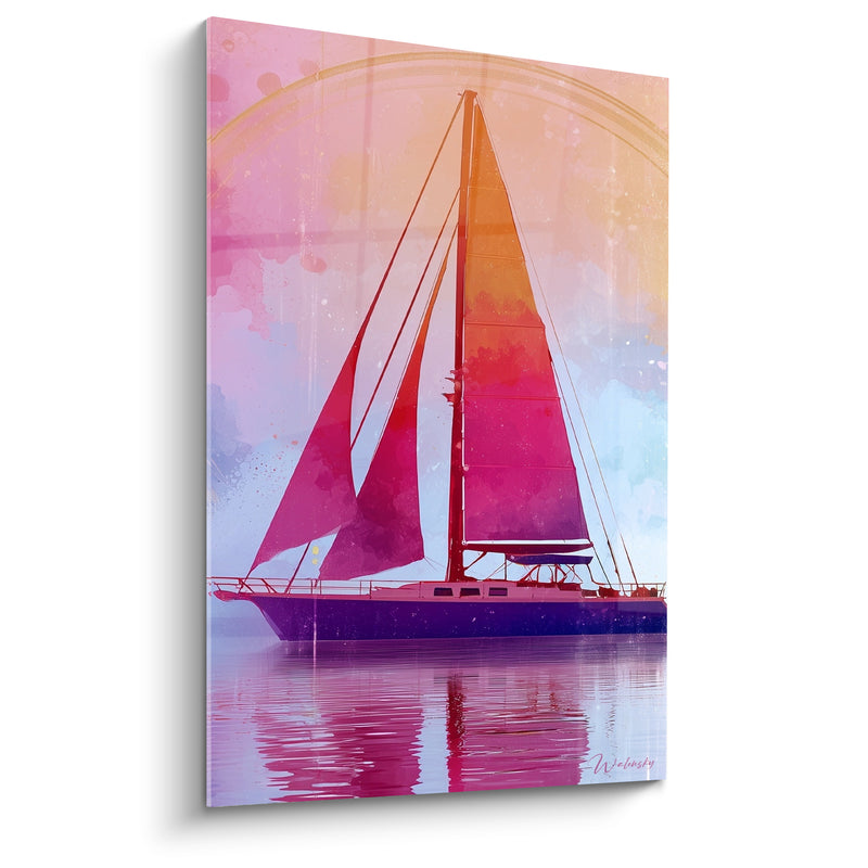 Tableau Voilier rose et violet sous arc doré - Mât aux haubans croisés - Edition Bateau abstrait
