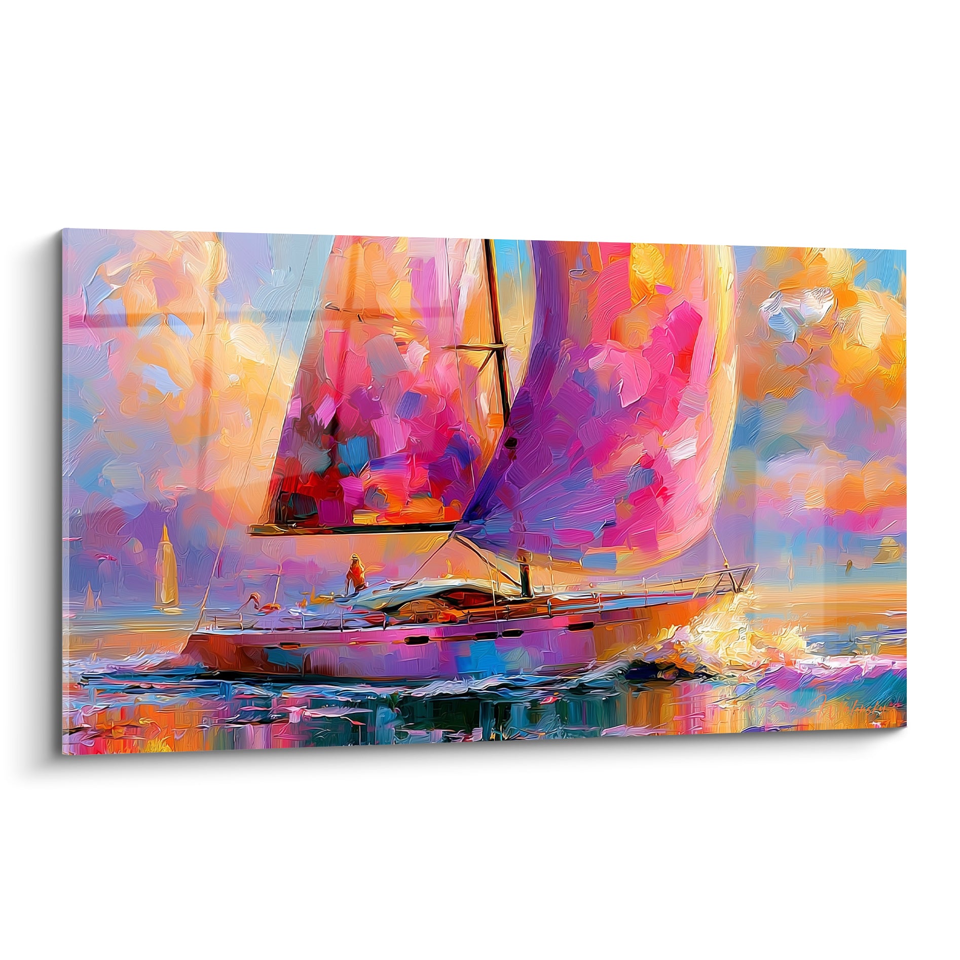 Voilier abstrait aux voiles rose fuchsia et orangées glissant sur une mer turquoise agitée