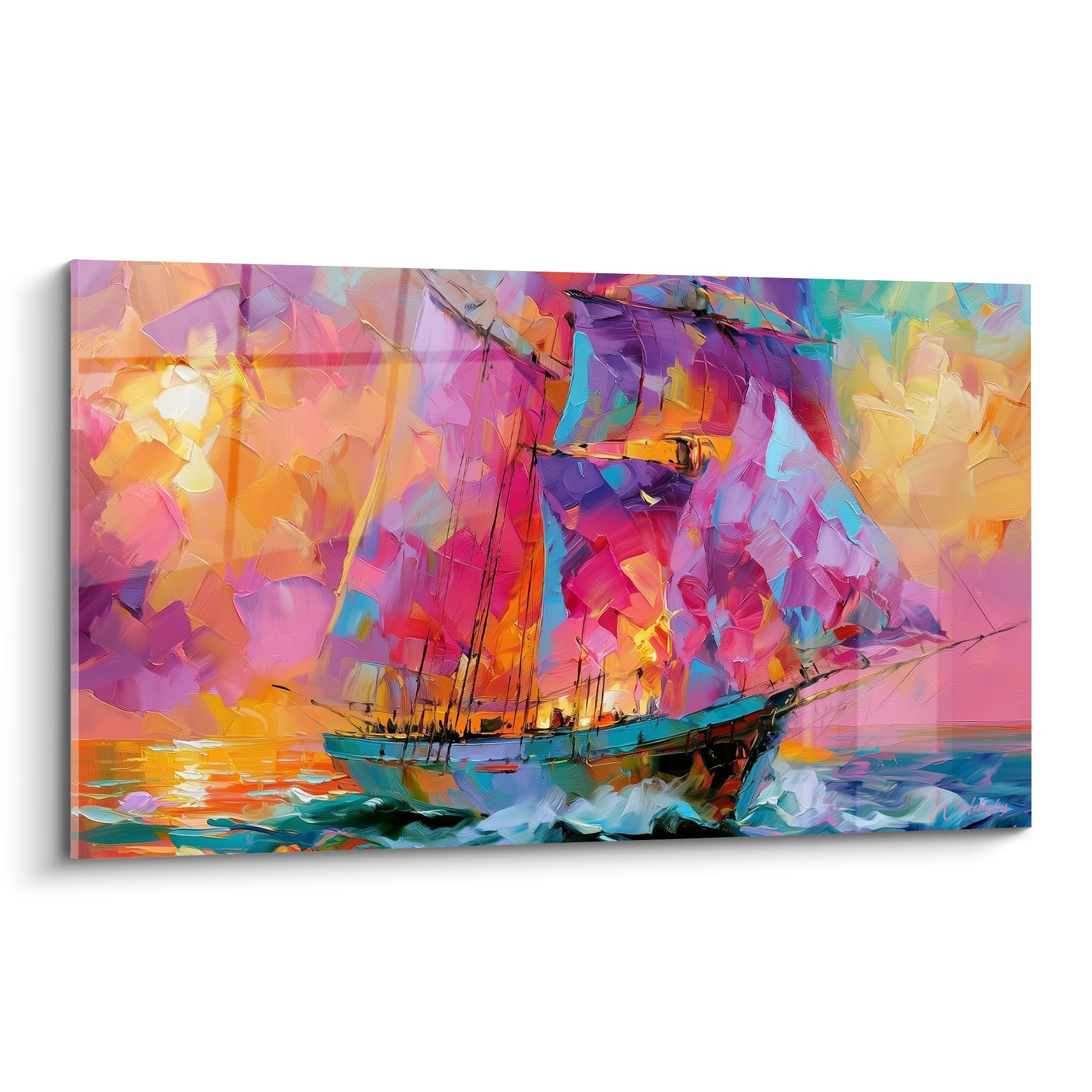Voilier bateau abstrait aux voiles rose fuchsia et violet sur mer turquoise agitée