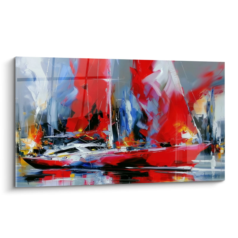 Tableau Voilier aux voiles rouges et grises - Élan de régate - Edition Bateau abstrait