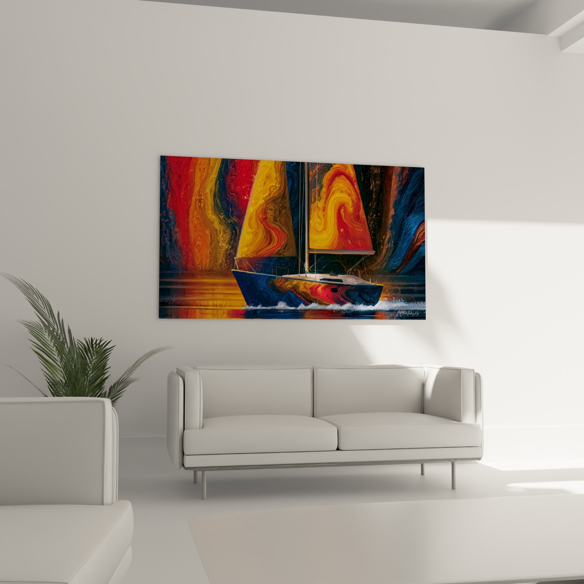 Voiles orange et rouges tourbillonnantes d'un bateau, au-dessus d'un canapé dans un salon lumineux