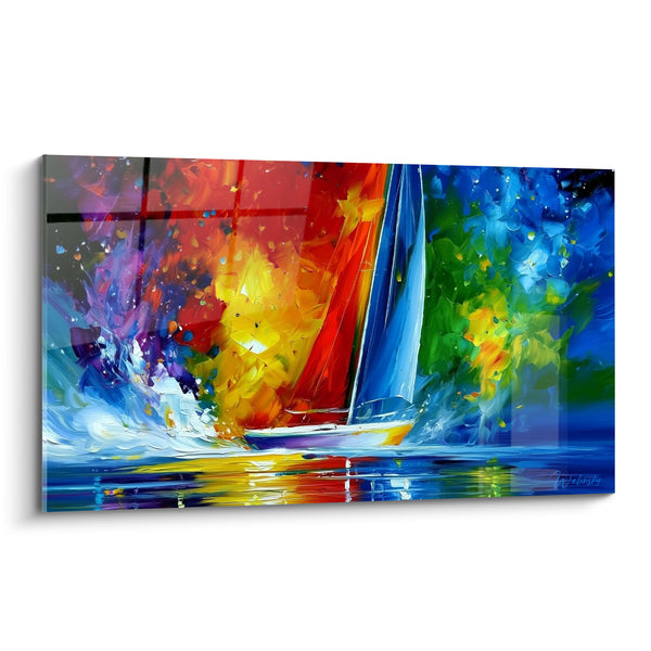 Sailing Boat Canvas with Red and Blue Sails - Vibrant Crossing - Abstract Boat Edition