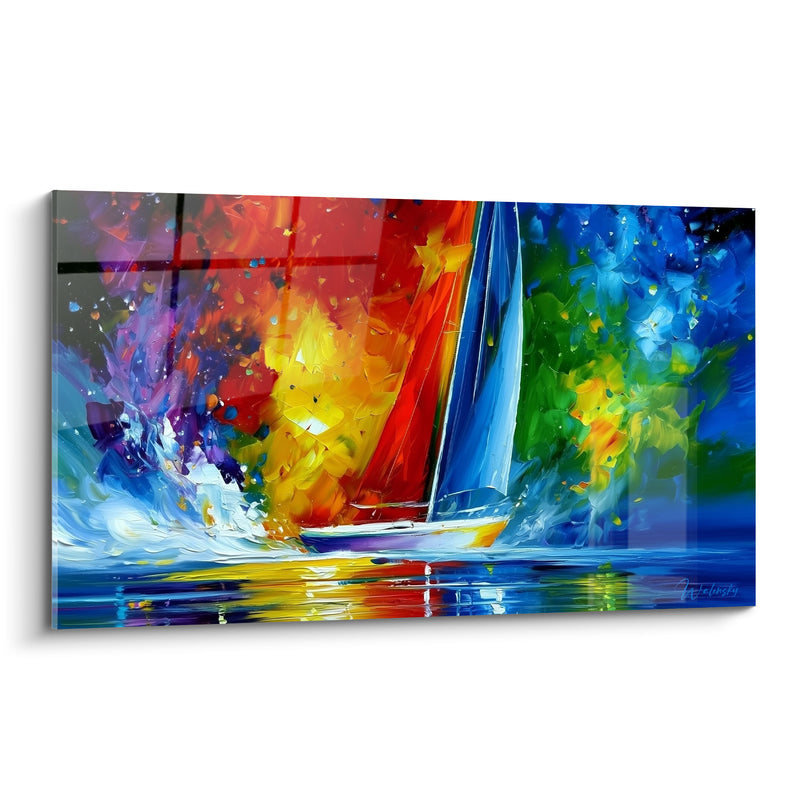Tableau Voilier aux voiles rouges et bleues - Traversée éclatante - Edition Bateau abstrait
