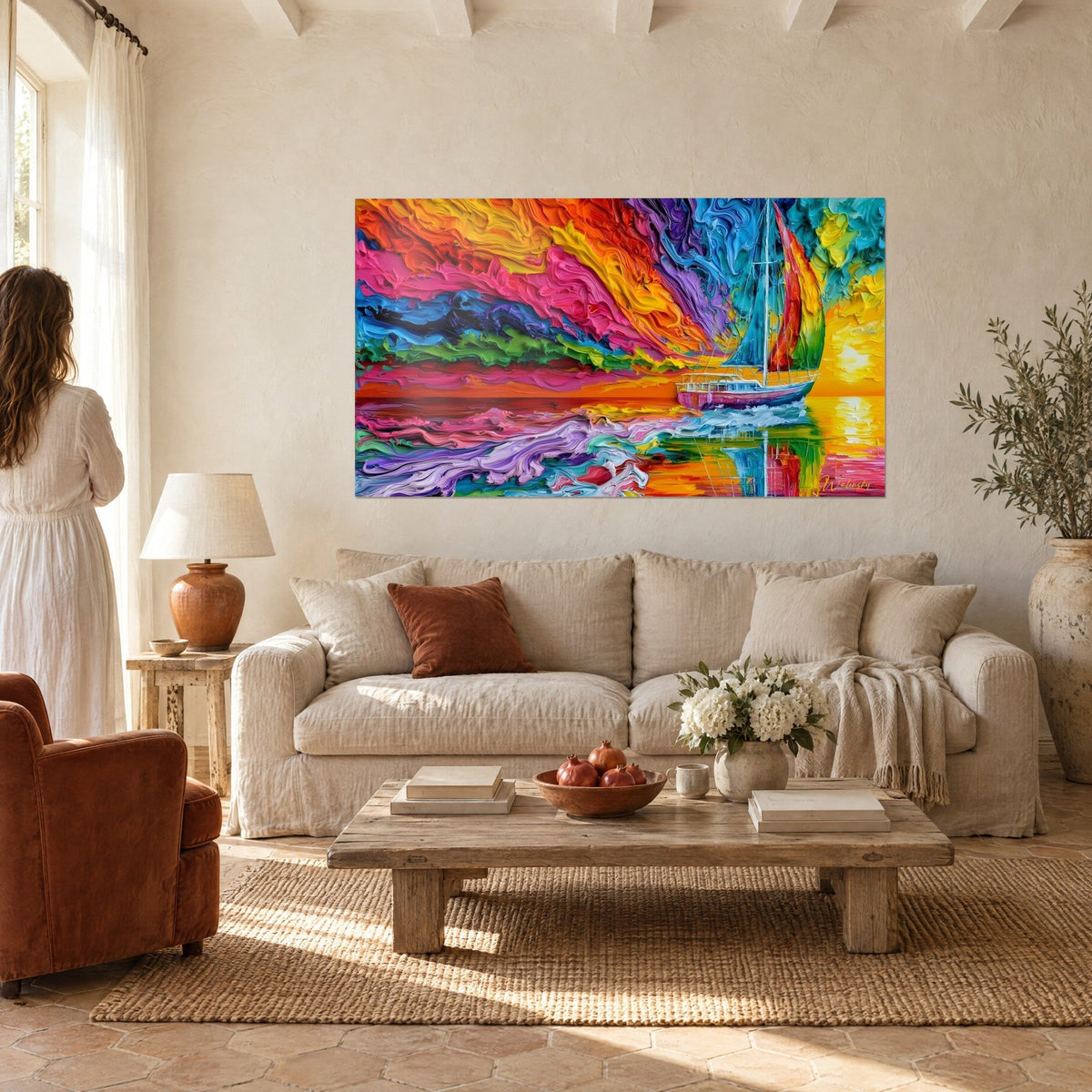 Tableau voilier à coque pourpre sous un ciel arc-en-ciel, empâtements orange et turquoise, au-dessus d'un canapé dans un salon lumineux
