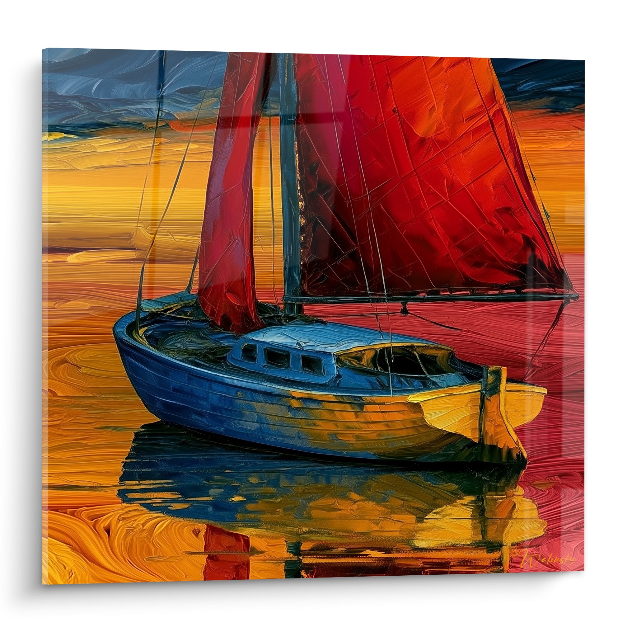 Voilier bleu marine aux voiles rouge écarlate sur mer dorée, tableau bateau abstrait au coucher de soleil