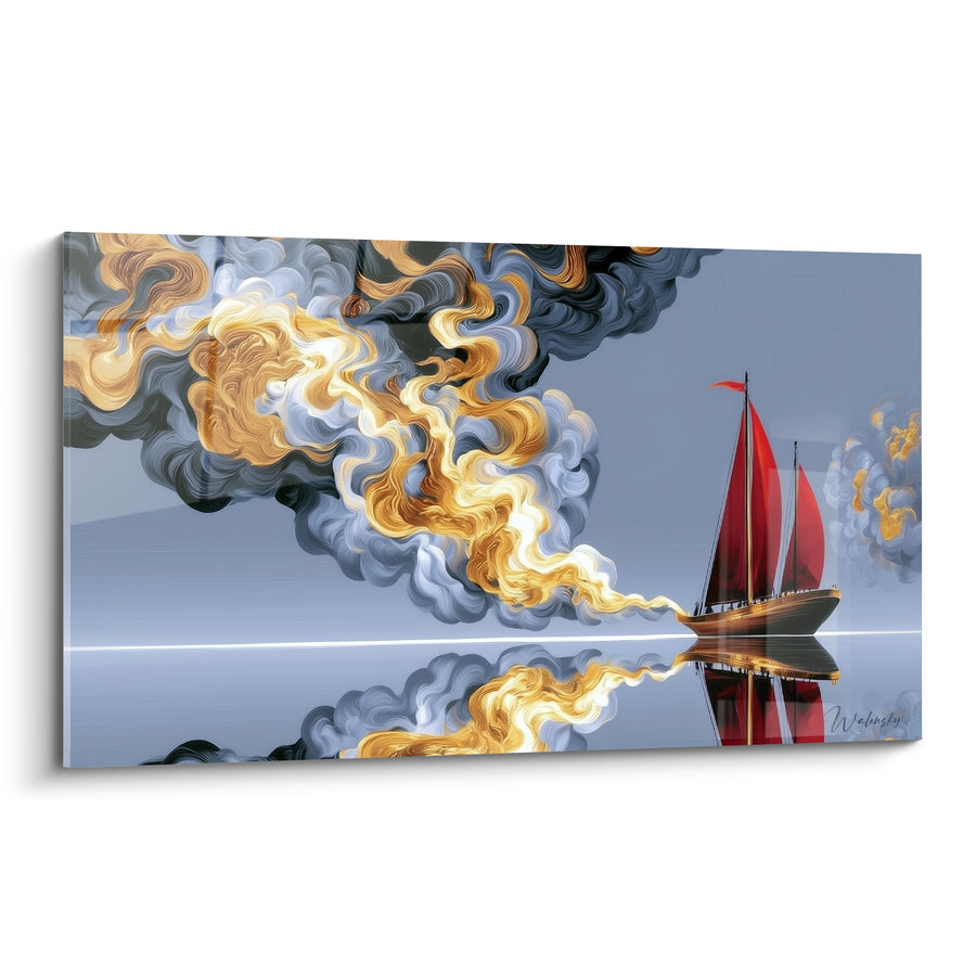 Segelboot-Leinwand rotes Segel mit goldenen Voluten - Traumhafter Hauch - Abstrakte Bootsausgabe