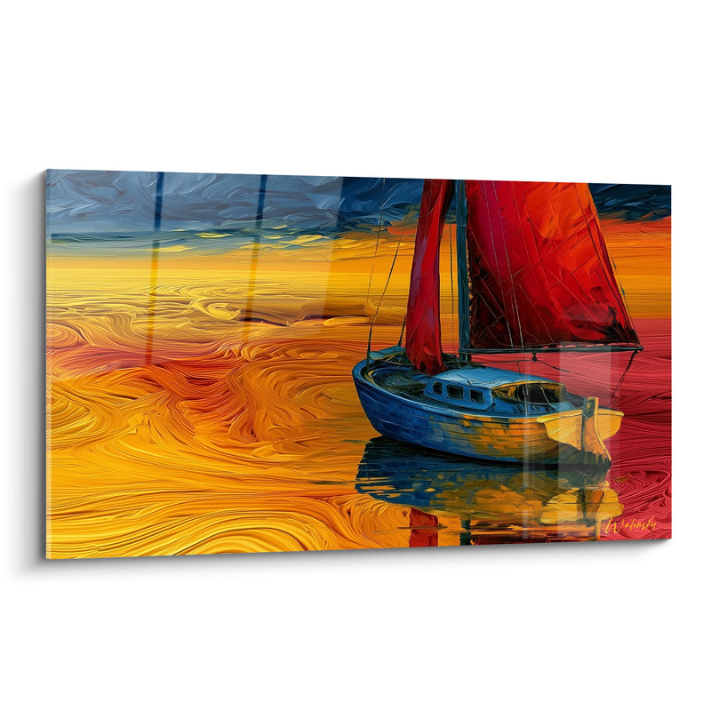 Tableau Voilier rouge et bleu sur mer tourbillonnante - Hublots de la cabine - Edition Bateau abstrait