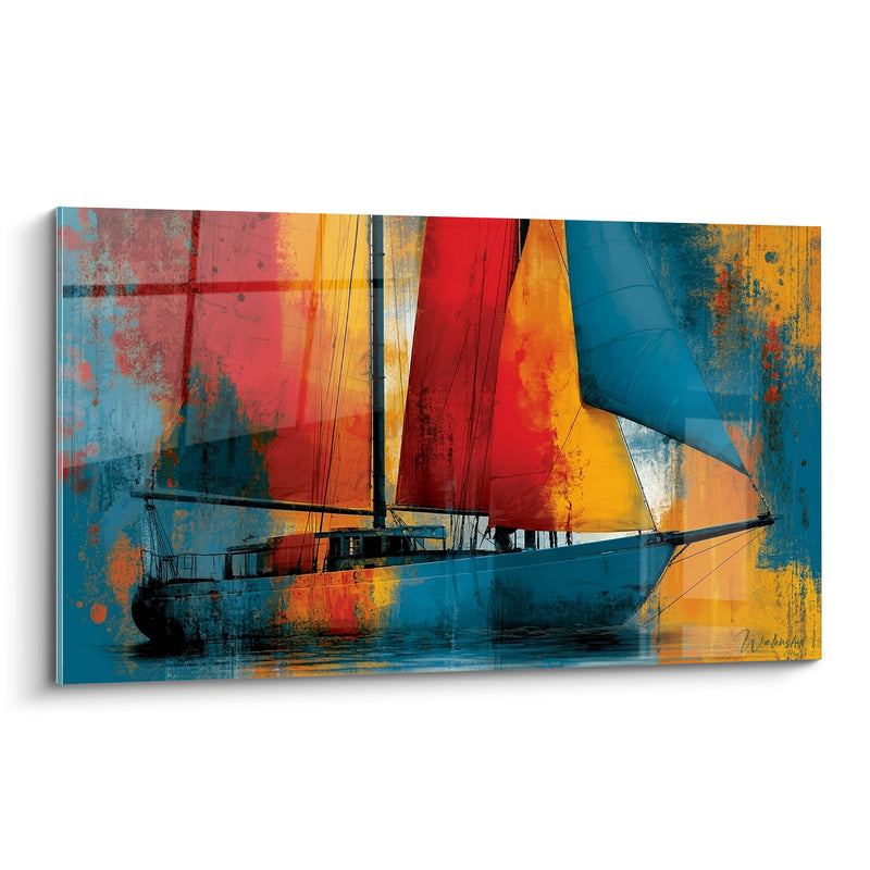 Tableau Voilier bleu et rouge aux voiles patinées - Coque à mâts croisés - Edition Bateau abstrait
