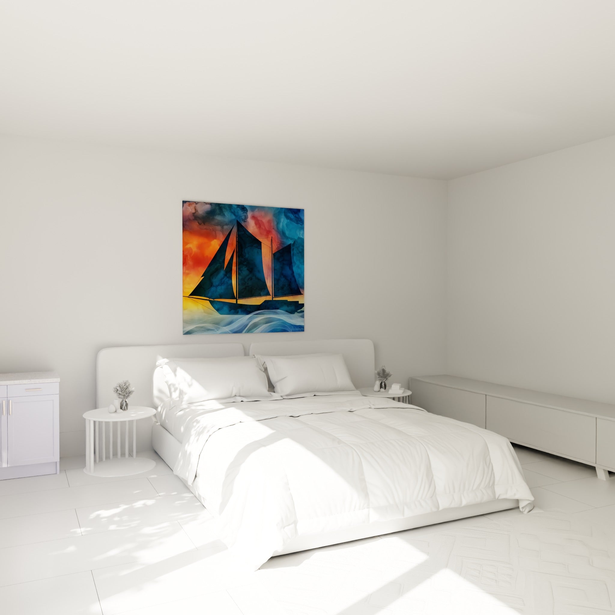 Voilier anthracite et orangé fendant les vagues, accroché au-dessus d'un lit dans une chambre claire