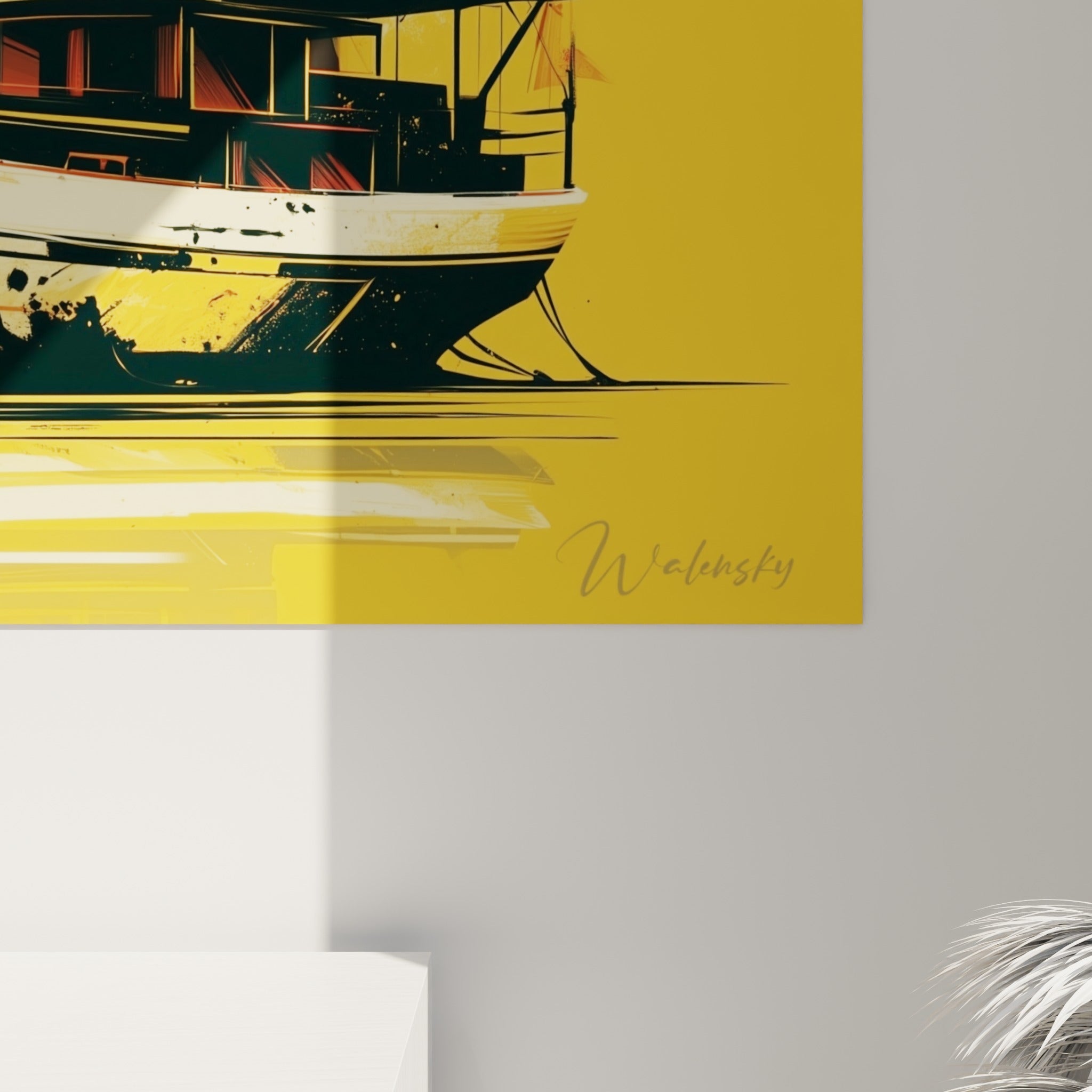 Détail des voiles rouges et jaunes texturées à l'encre, matière granuleuse visible sur ce tableau bateau abstrait accroché