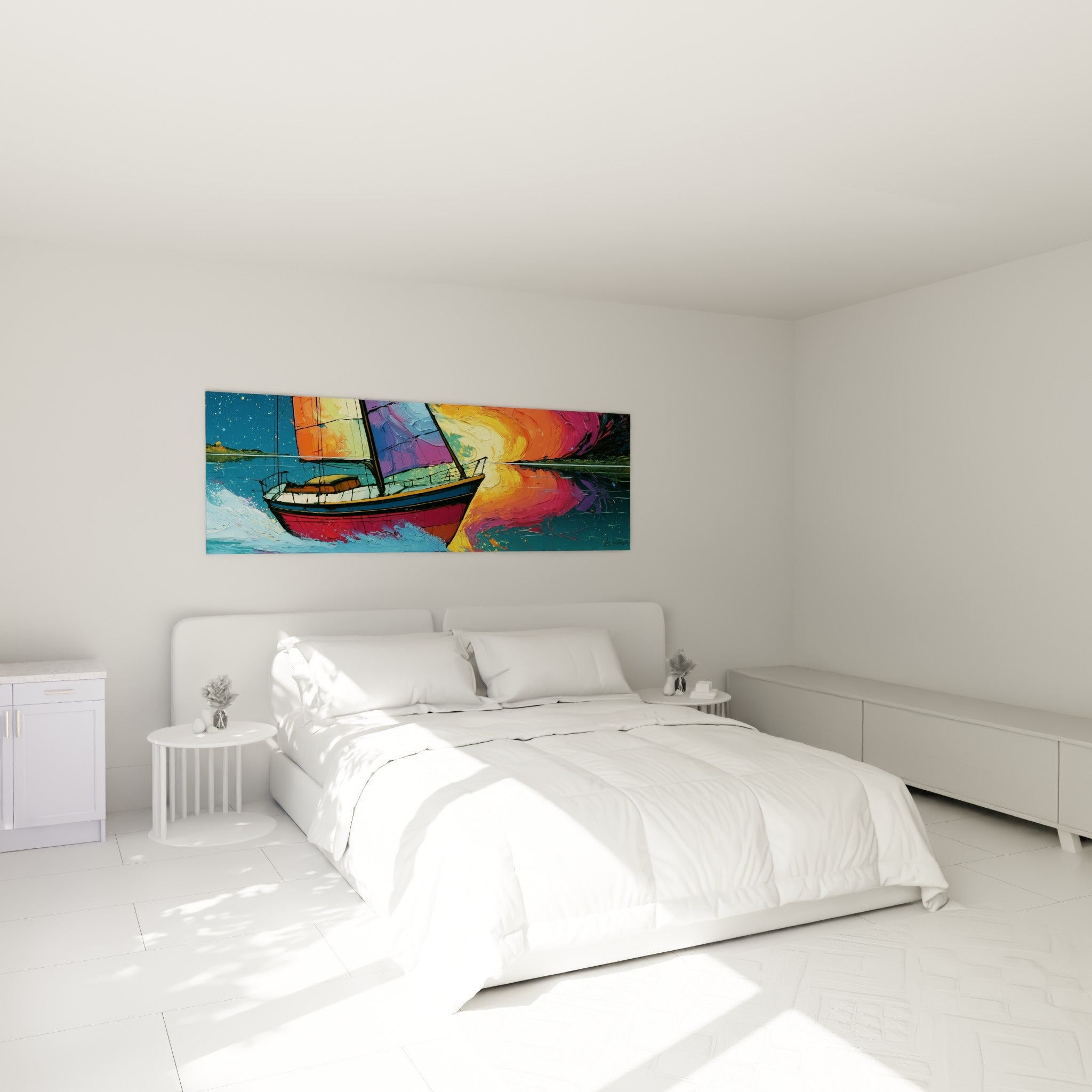 Bateau abstrait aux teintes turquoise et dorées accroché au-dessus d'un lit dans une chambre claire