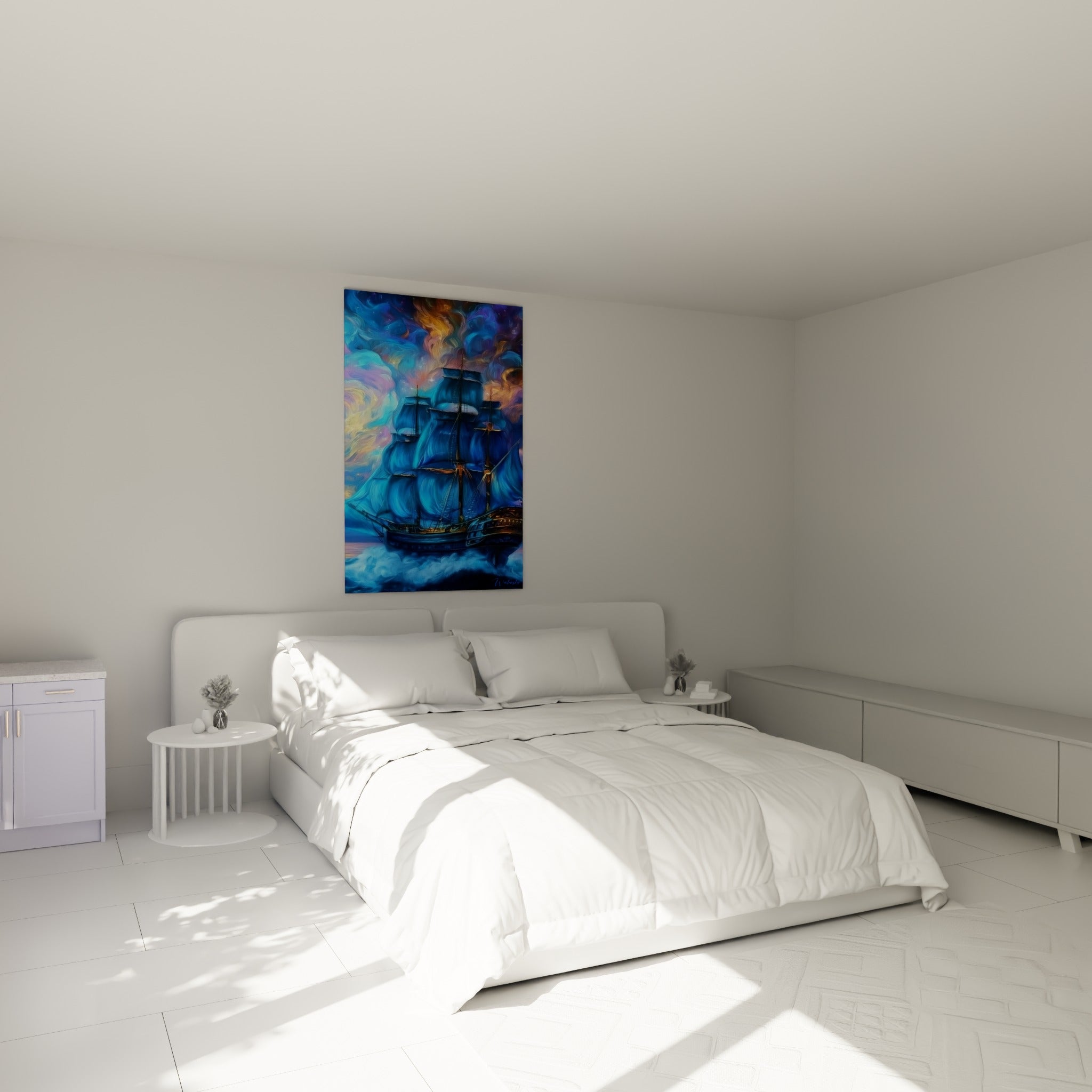 Trois-mâts bleu turquoise et doré voguant dans les nuages, au-dessus d'un lit dans une chambre claire
