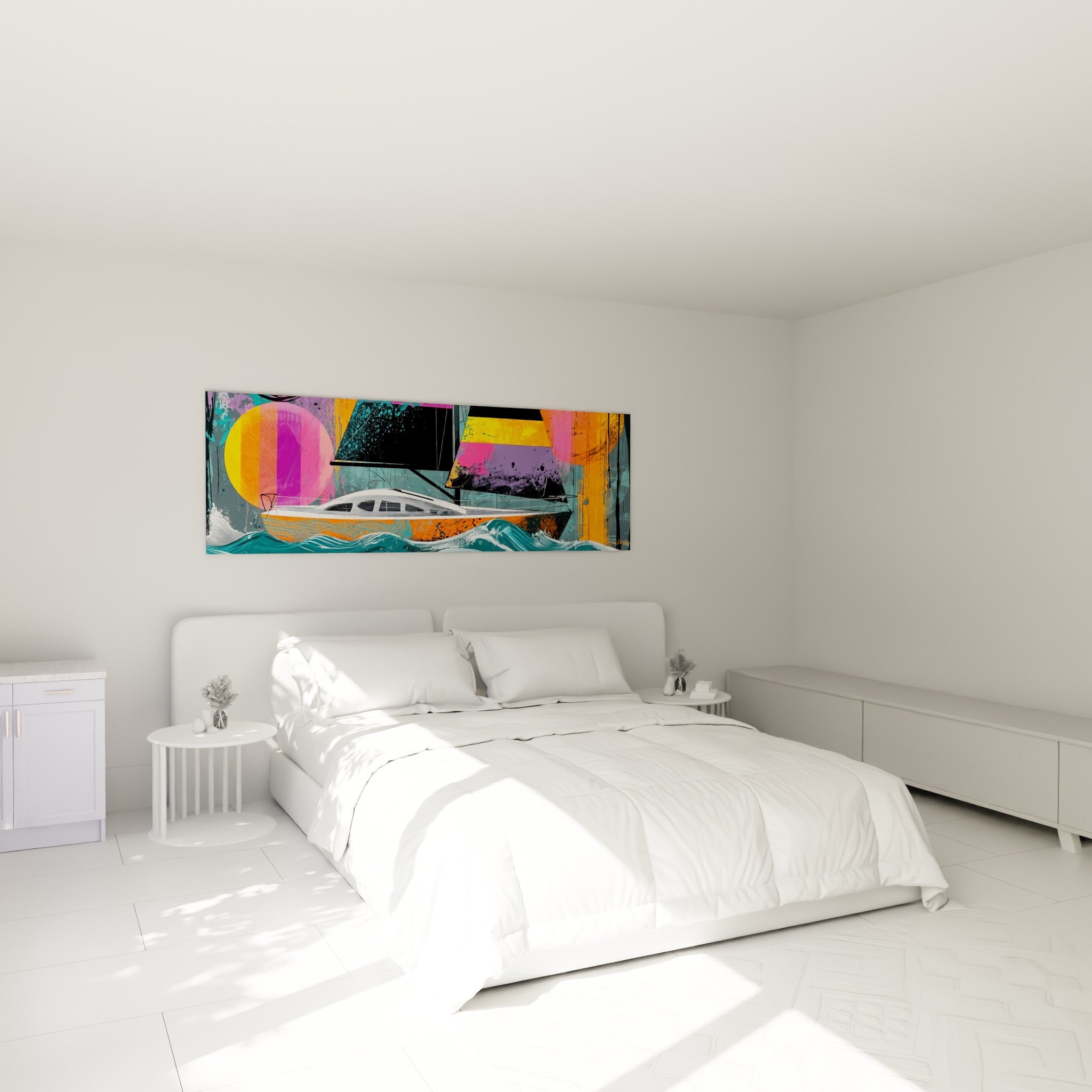 Voilier orange fendant des vagues turquoise, tableau bateau abstrait suspendu au-dessus d'un lit dans une chambre claire
