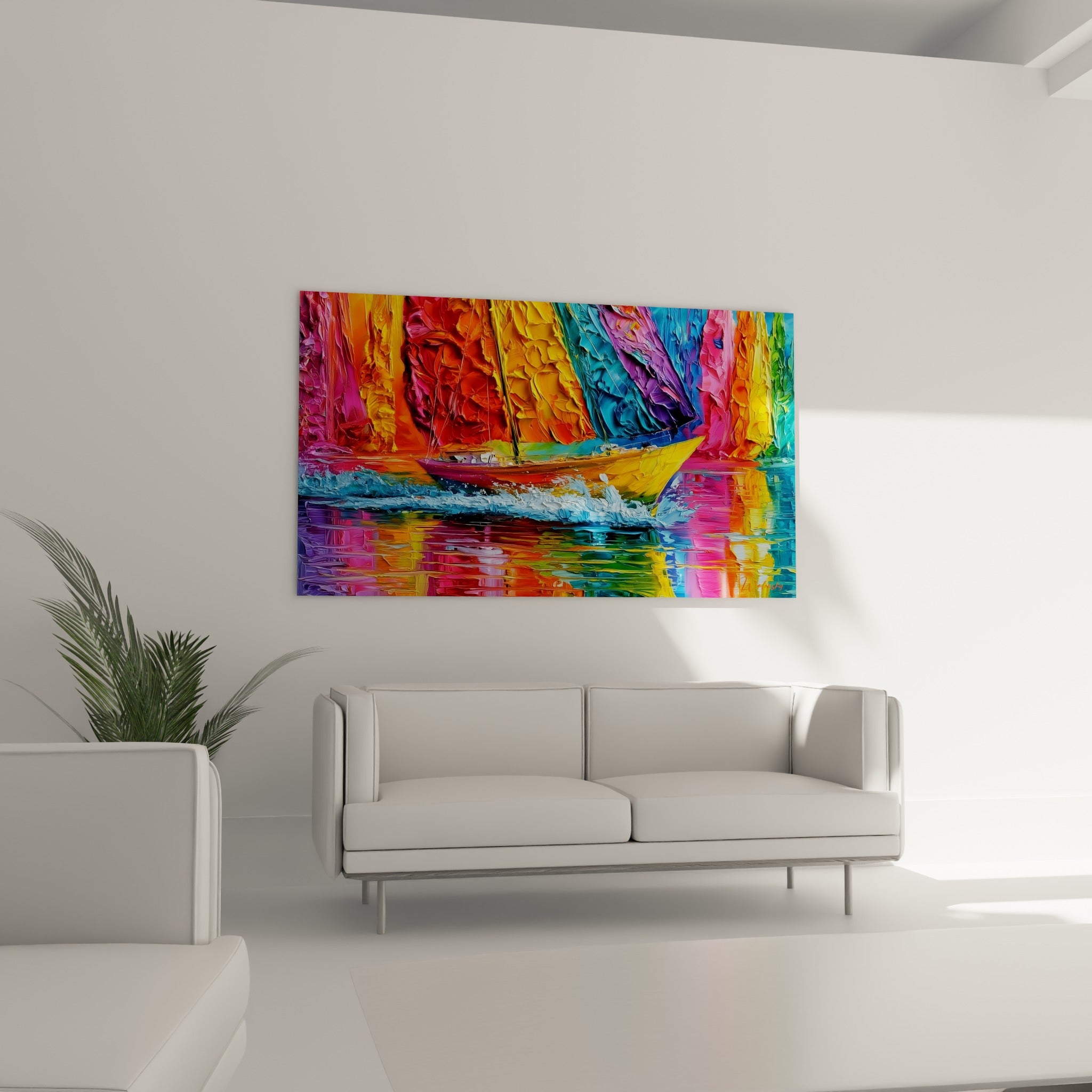 Reflets turquoise et rose de ce voilier peint au couteau, tableau bateau abstrait au-dessus d'un canapé dans un salon lumineux