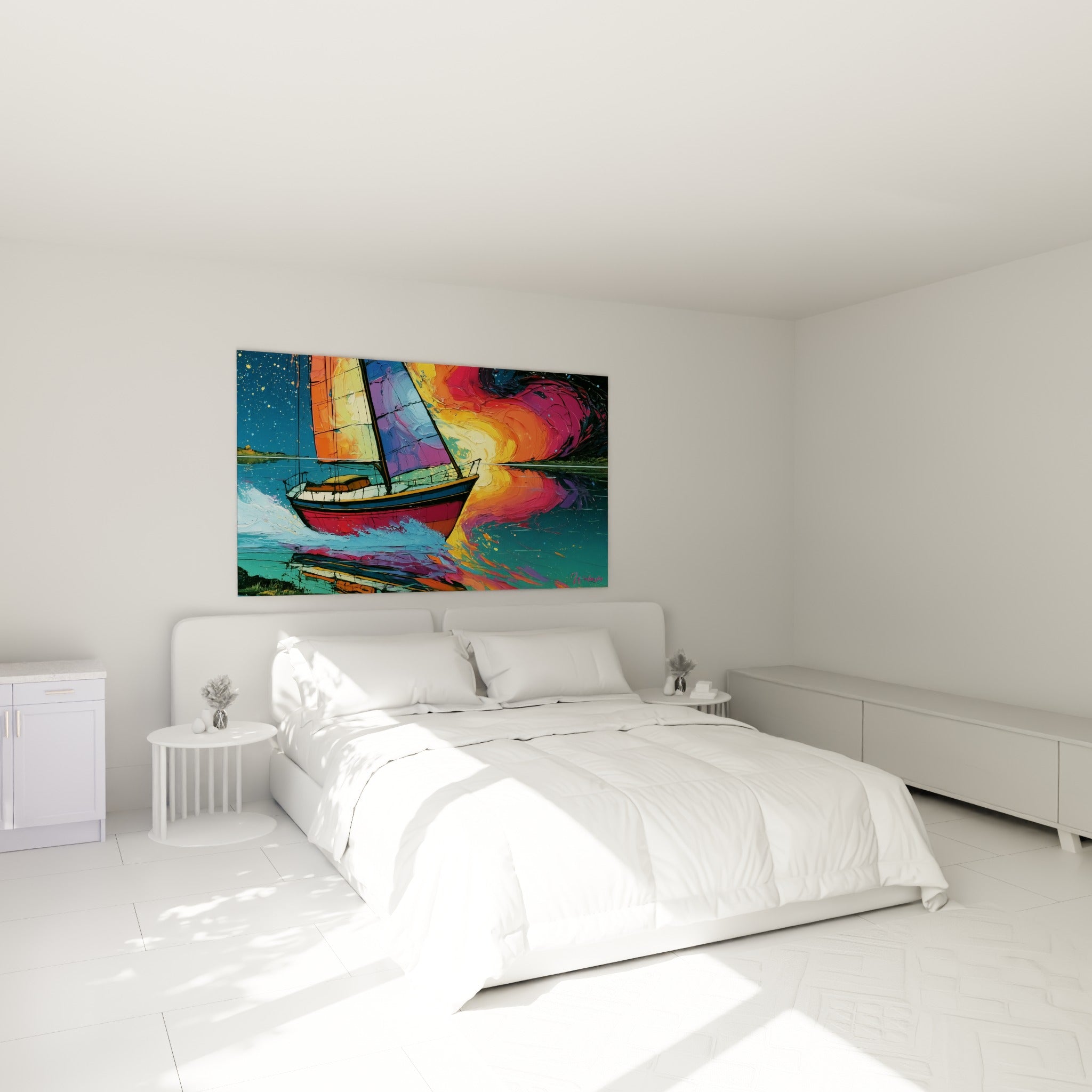 Bateau abstrait aux teintes orange et turquoise accroché au-dessus d'un lit dans une chambre claire