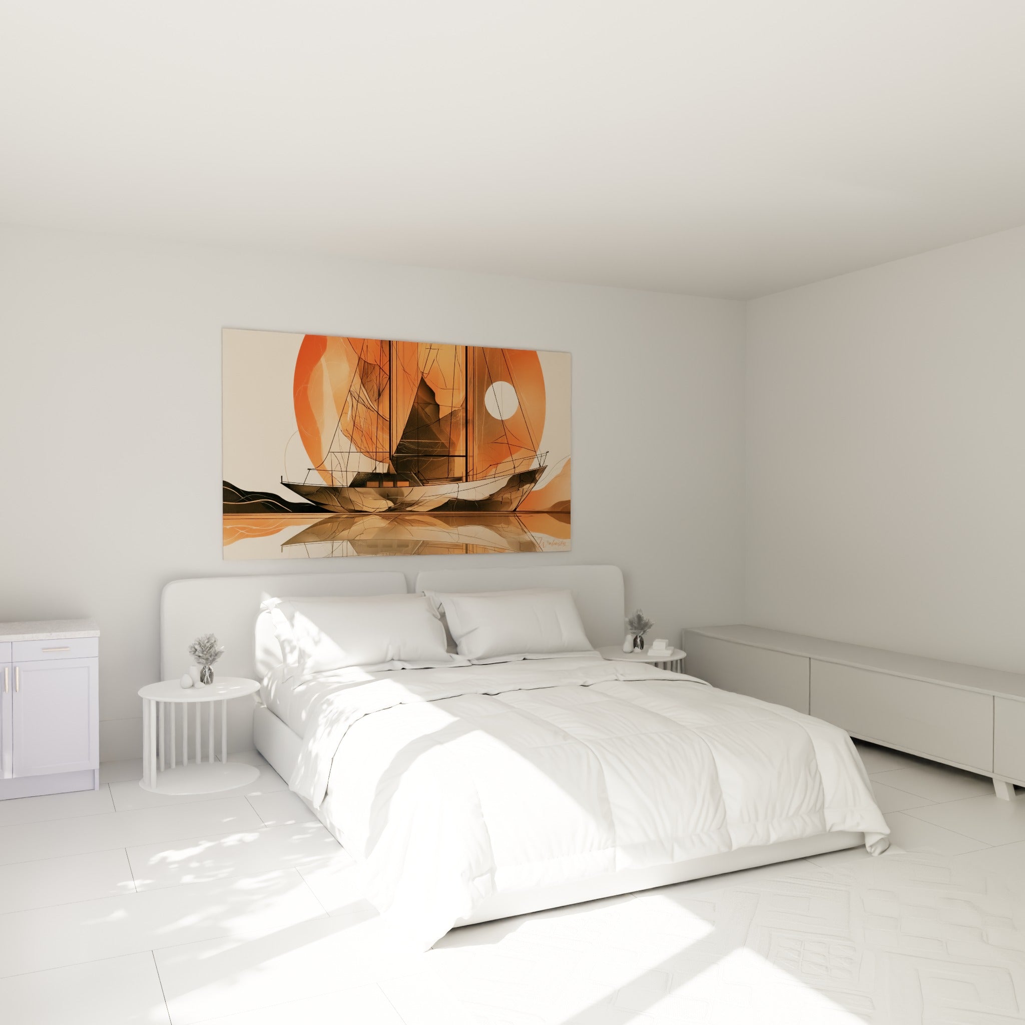 Voilier beige et terracotta aux gréements fins, accroché au-dessus d'un lit dans une chambre claire