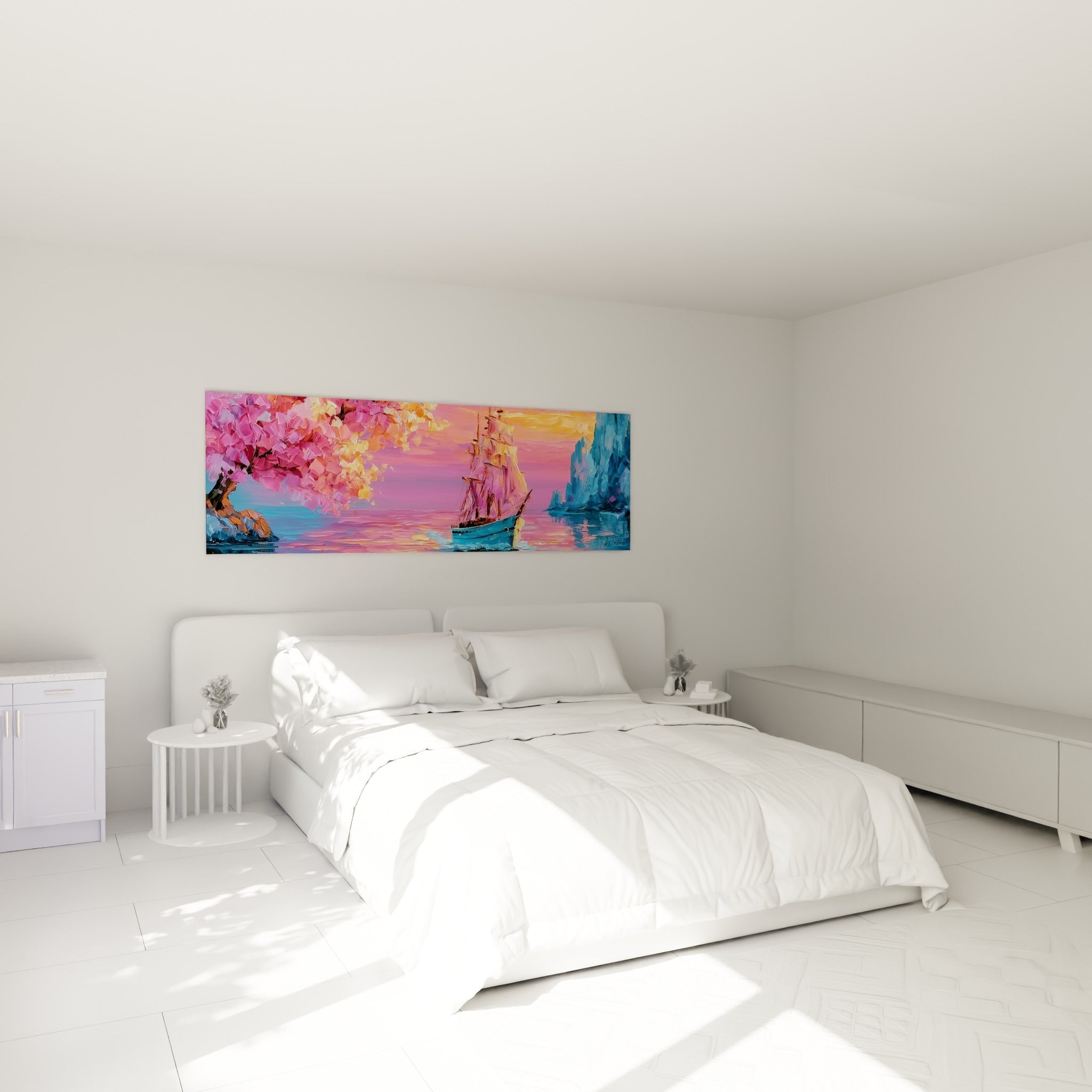 Cerisier rose et voilier bleu peints en larges empâtements, accrochés au-dessus d'un lit dans une chambre claire