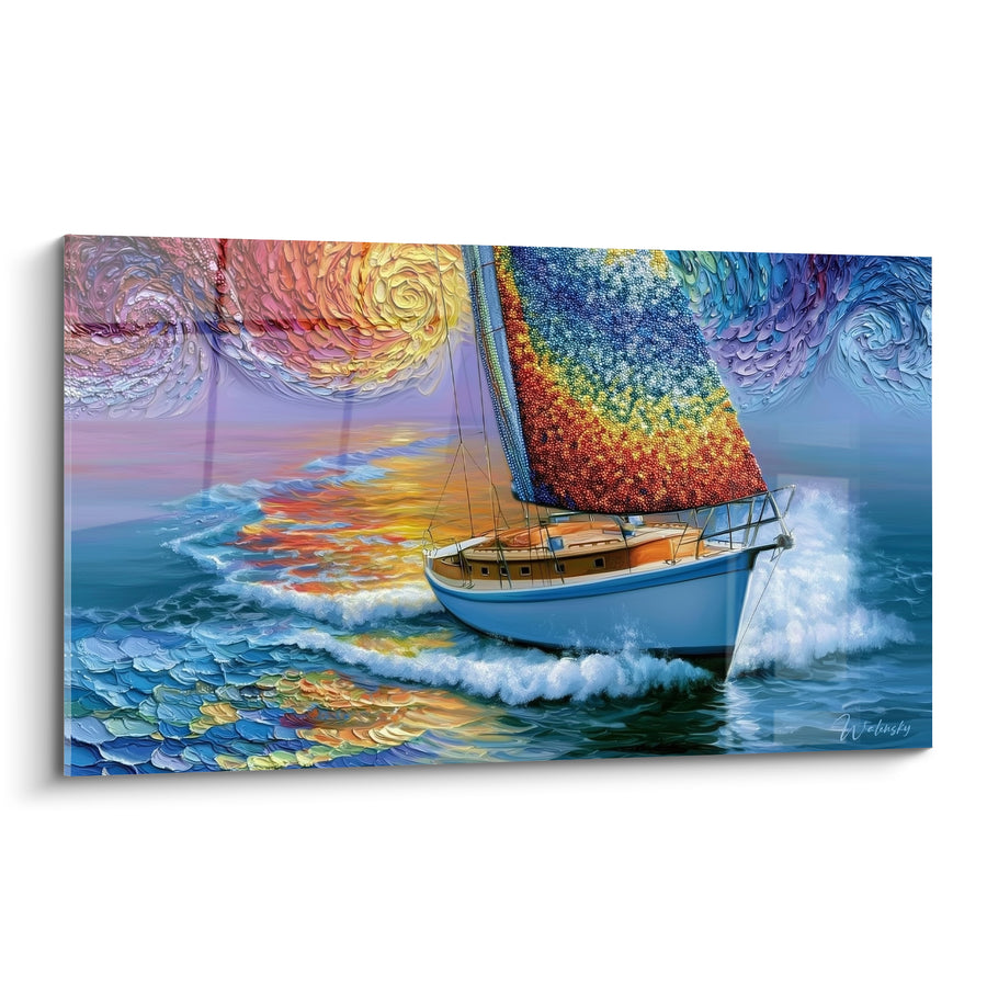 Segelboot Leinwand blau und gelb mit punktiertem Segel - Himmlische Spiralen wirbeln - Edition Abstrakte Bootsausgabe