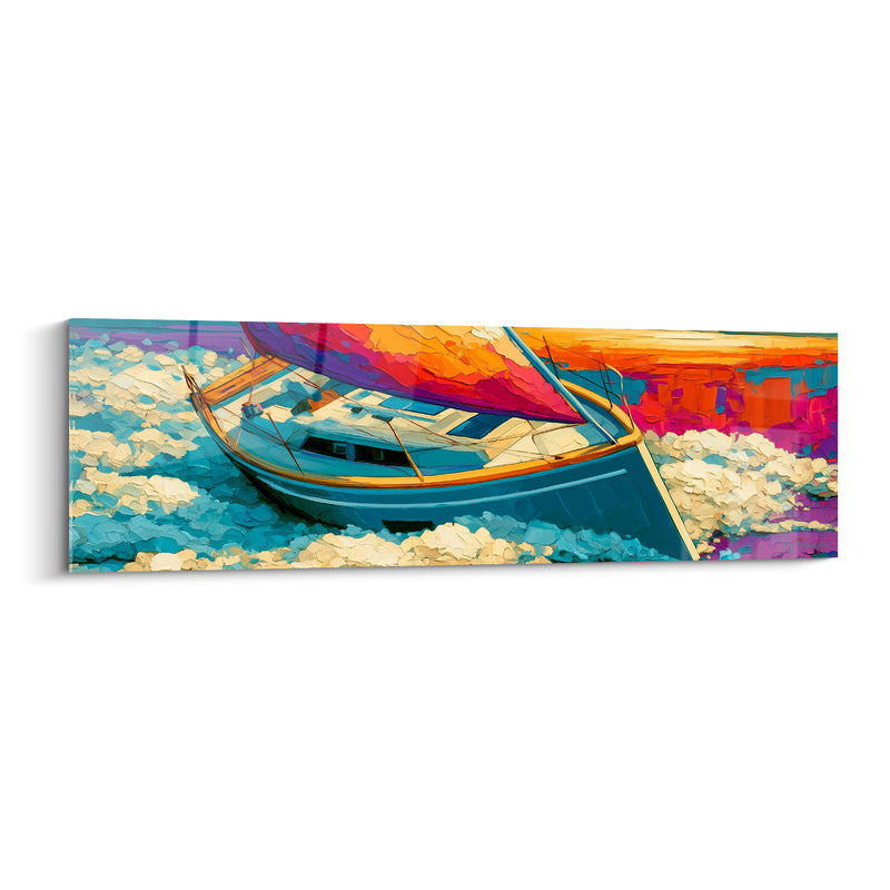 Tableau Voilier bleu et corail parmi l'écume épaisse - Coque au mouillage - Edition Bateau abstrait
