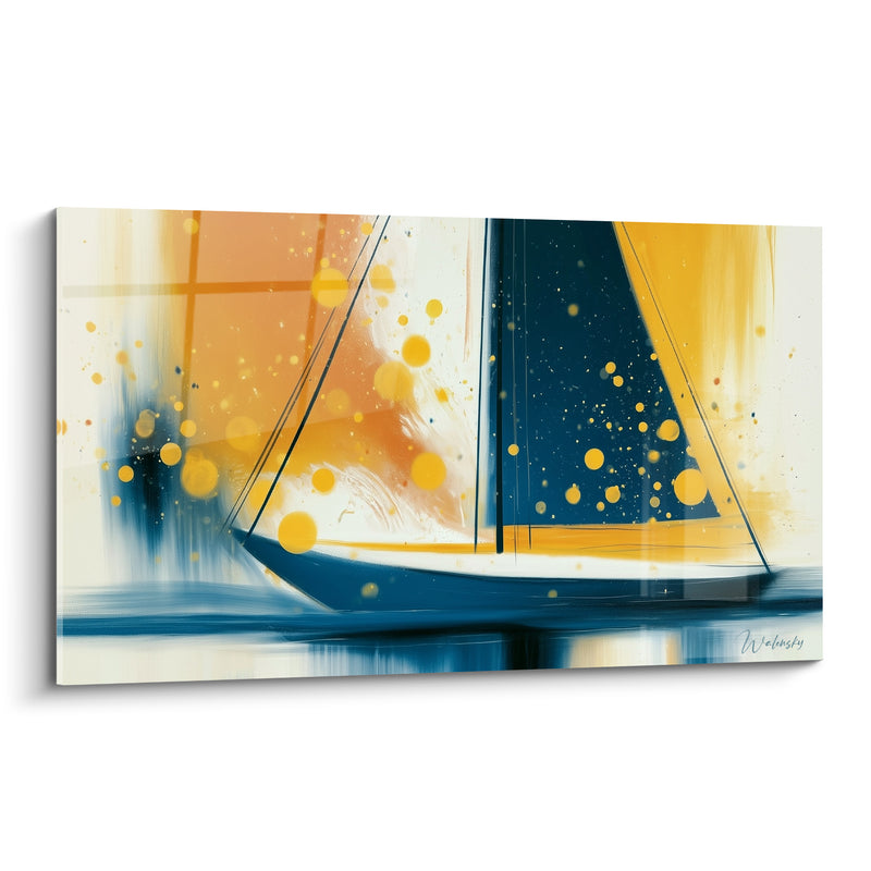 Tableau Voilier bleu et jaune aux bulles dorées - Reflets pointillés sur l'eau - Edition Bateau abstrait