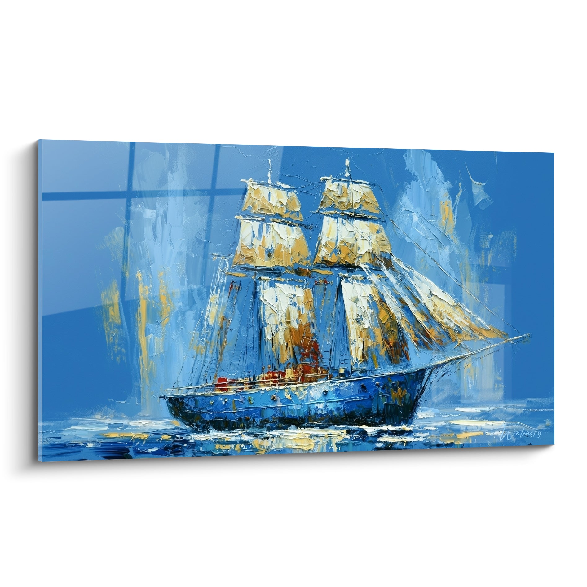 Voilier bleu marine aux voiles dorées, tableau bateau abstrait à empâtements épais et coulures blanches