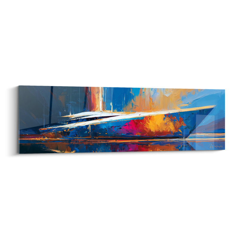 Tableau Yacht bleu et doré à coque fuchsia - Reflets sur eau calme - Edition Bateau abstrait