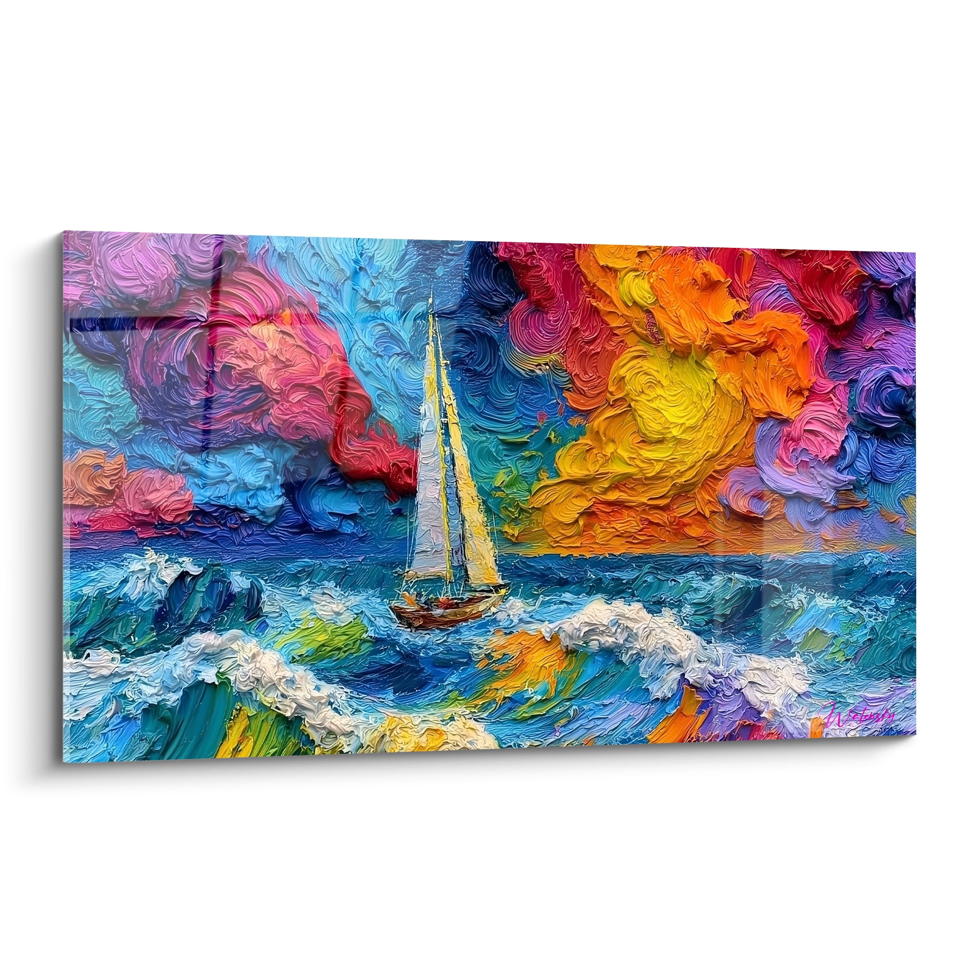 Voilier blanc et jaune fendant des vagues bleu marine sous un ciel orange et rose tourbillonnant