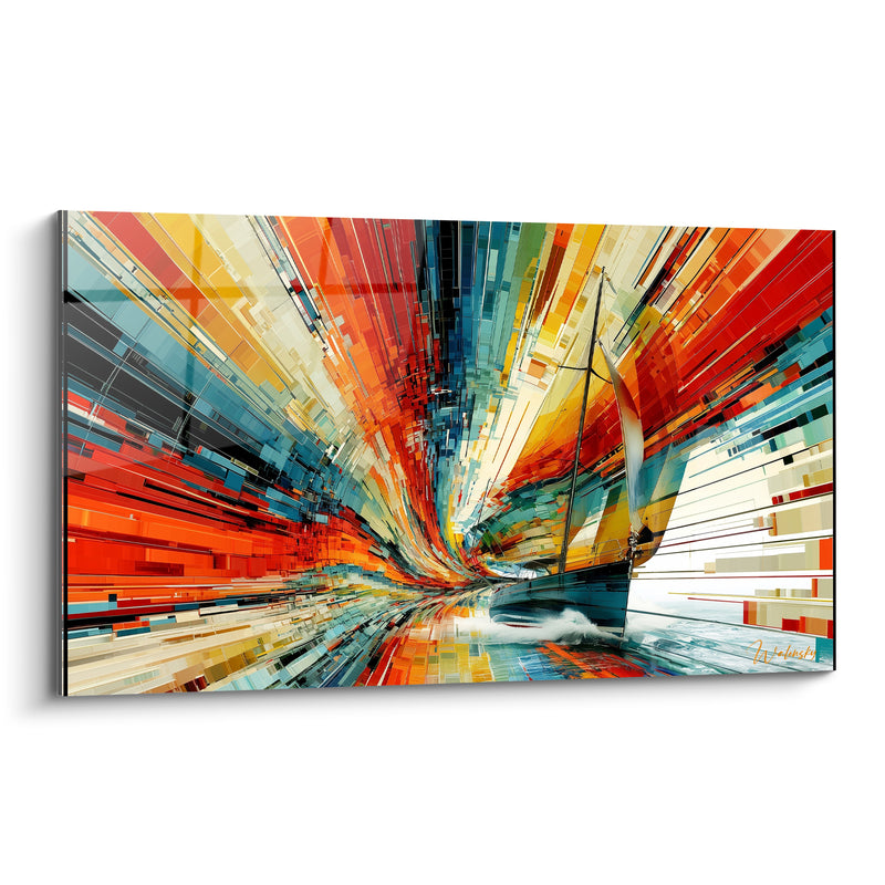 Tableau Voilier bleu marine aux traînées orangées - Vitesse fracturée - Edition Bateau abstrait
