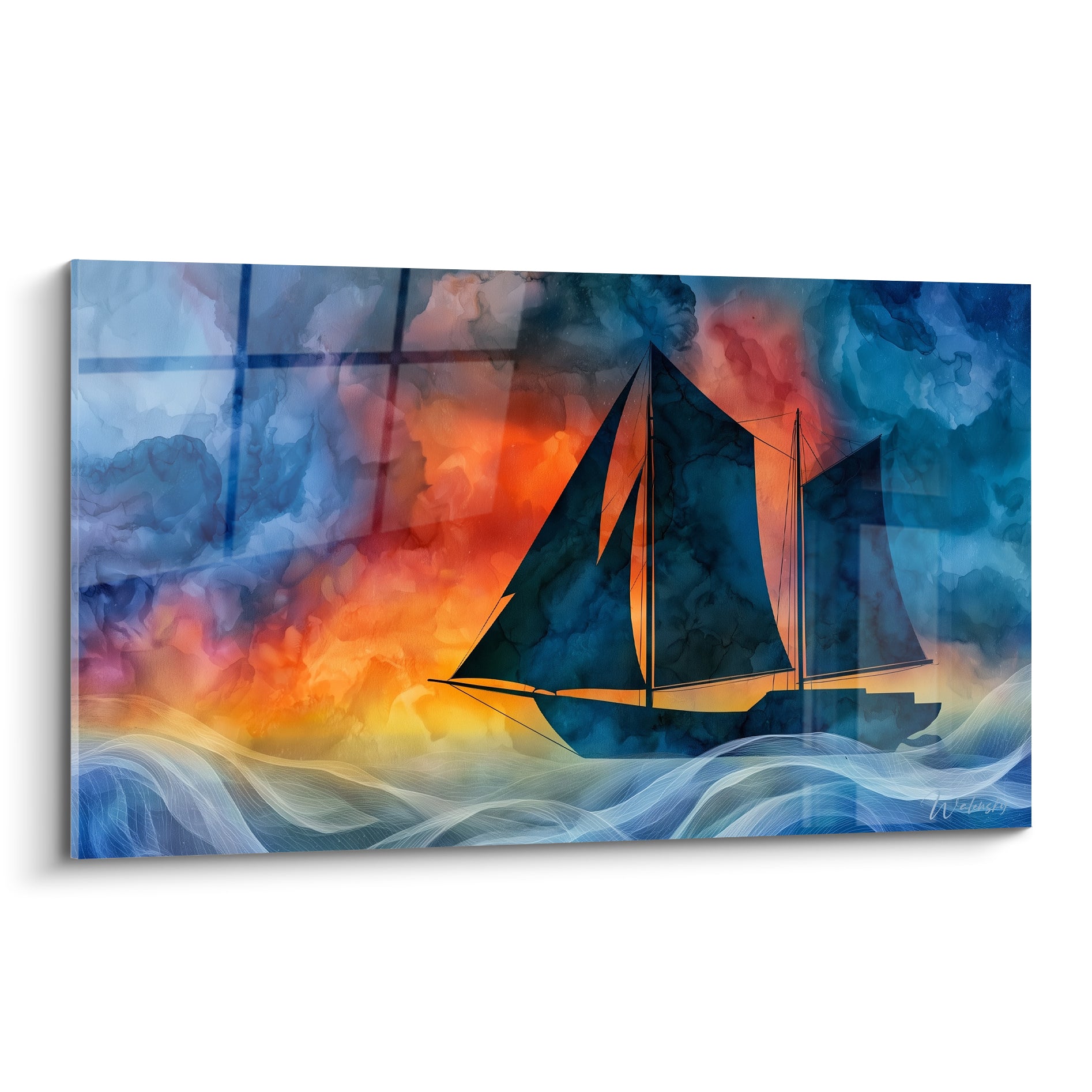 Voilier bleu marine aux voiles déployées devant un ciel orangé et bleu, technique aquarelle abstraite