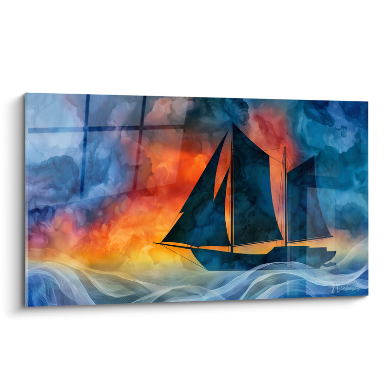 Tableau Voilier bleu marine et orange sur vagues filiformes - Ciel embrasé quadrillé - Edition Bateau abstrait