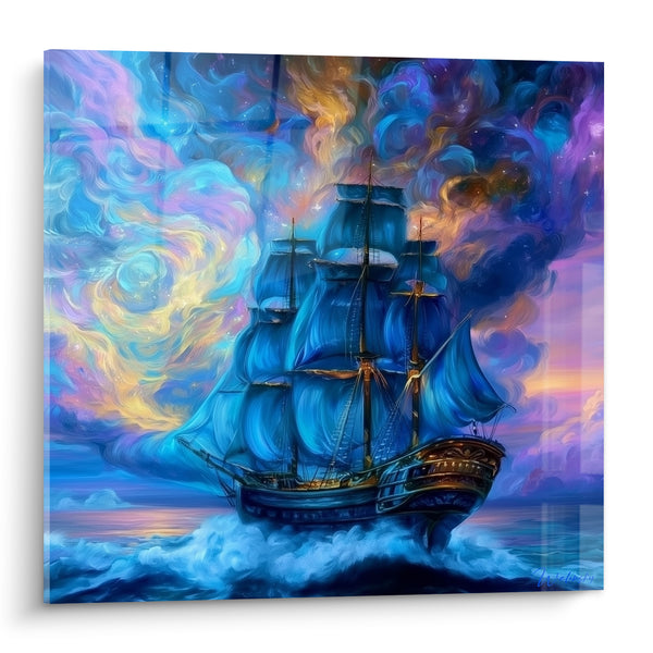 Cuadro de Velero azul y violeta sobre nubes cósmicas - Travesía celestial - Edición Barco abstracto