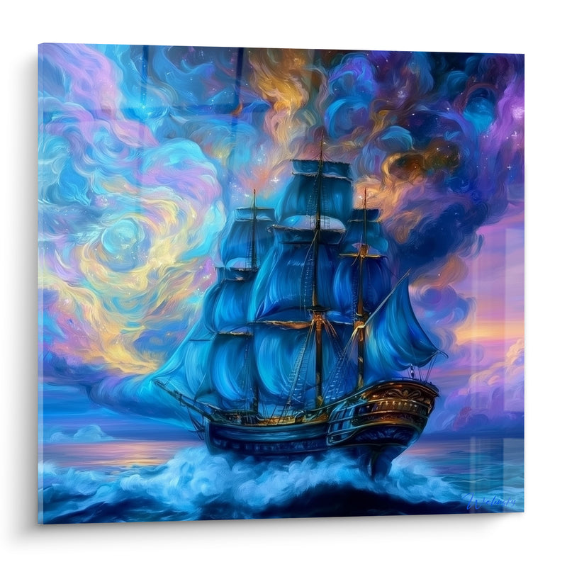 Tableau Voilier bleu et violet sur nuées cosmiques - Traversée céleste - Edition Bateau abstrait