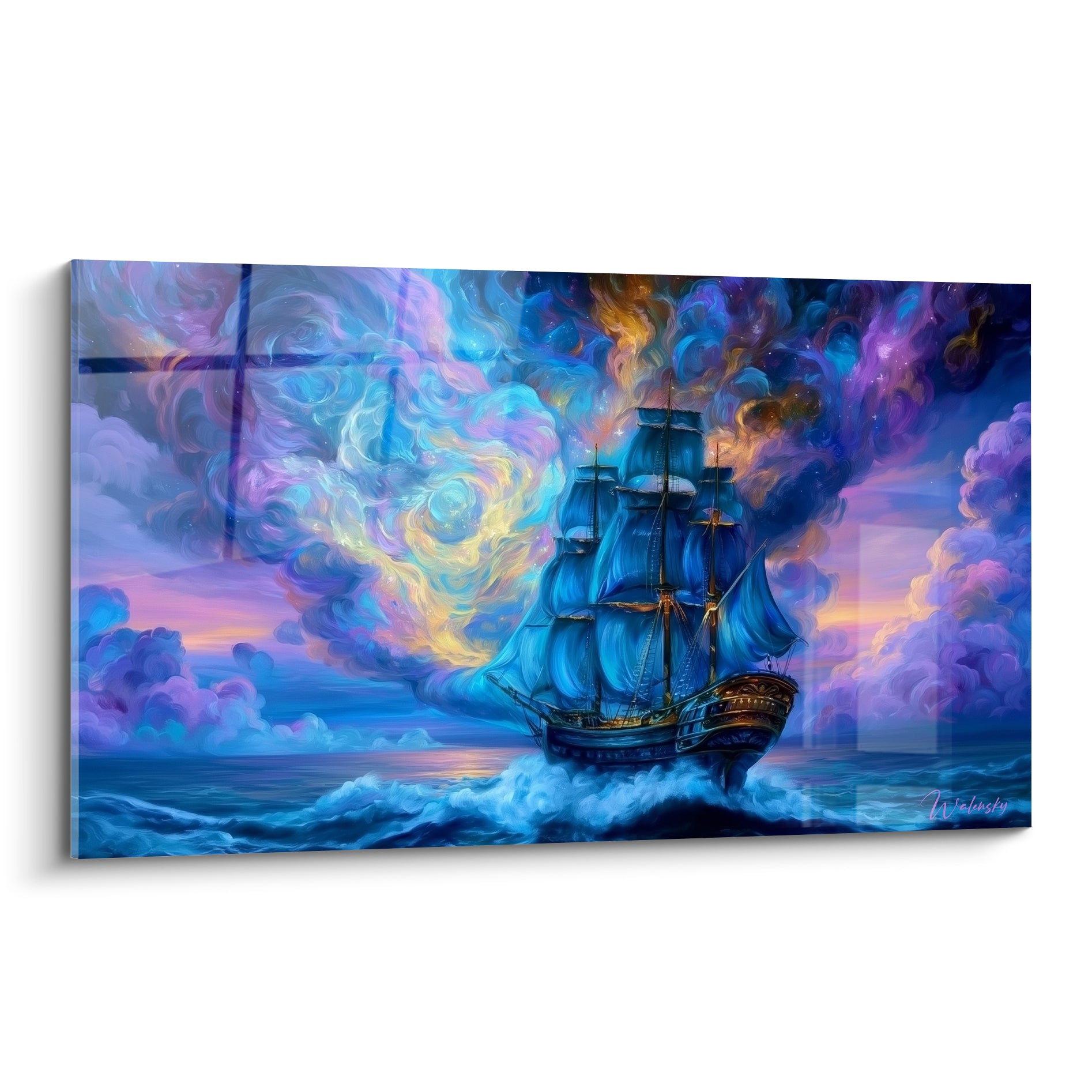 Voilier bleu marine aux voiles gonflées sous des nuées violettes et dorées tourbillonnantes