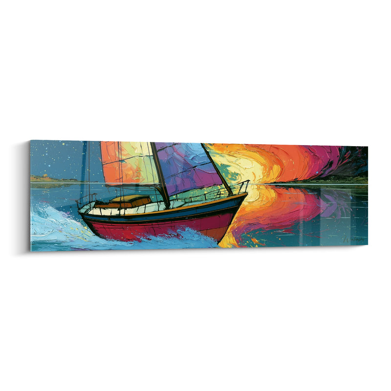 Tableau Voilier rouge et bordeaux fendant une explosion solaire - Coque à cabine ouverte - Edition Bateau abstrait