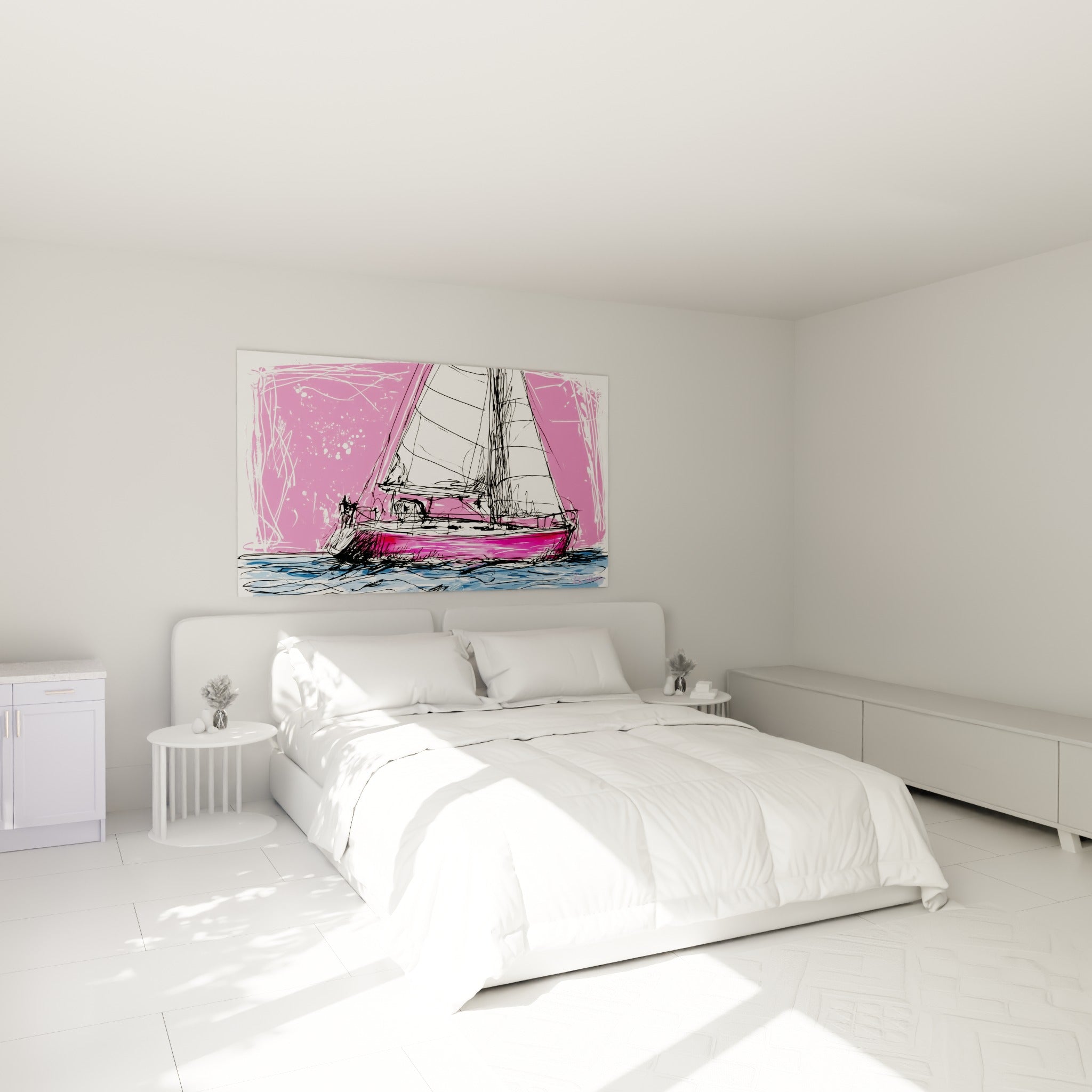 Voilier rose et bleu au trait griffé accroché au-dessus d'un lit dans une chambre claire